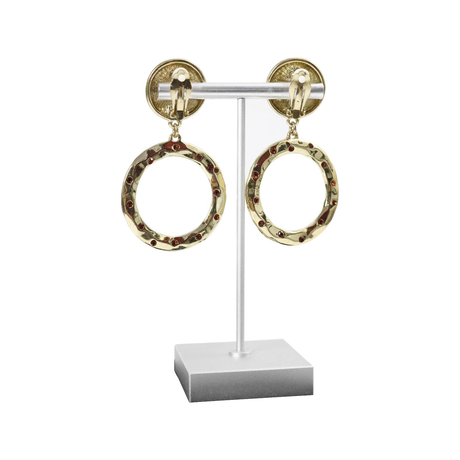 Vintage Heidi Daus Gold Tone With Red Crystals Dangling Hoop Earrings Circa 1990 For Sale 1