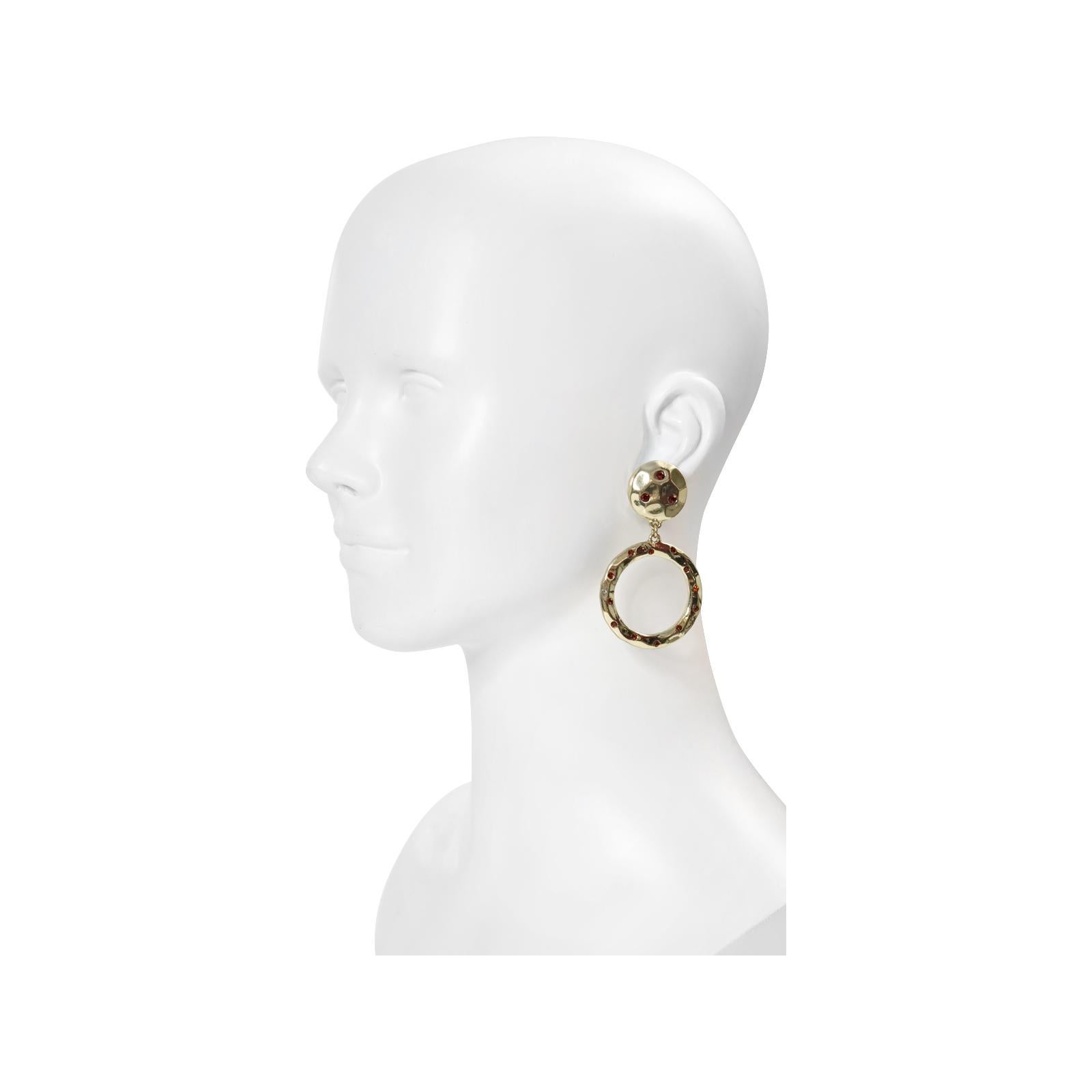 Vintage Heidi Daus Gold Tone With Red Crystals Dangling Hoop Earrings Circa 1990 For Sale 2