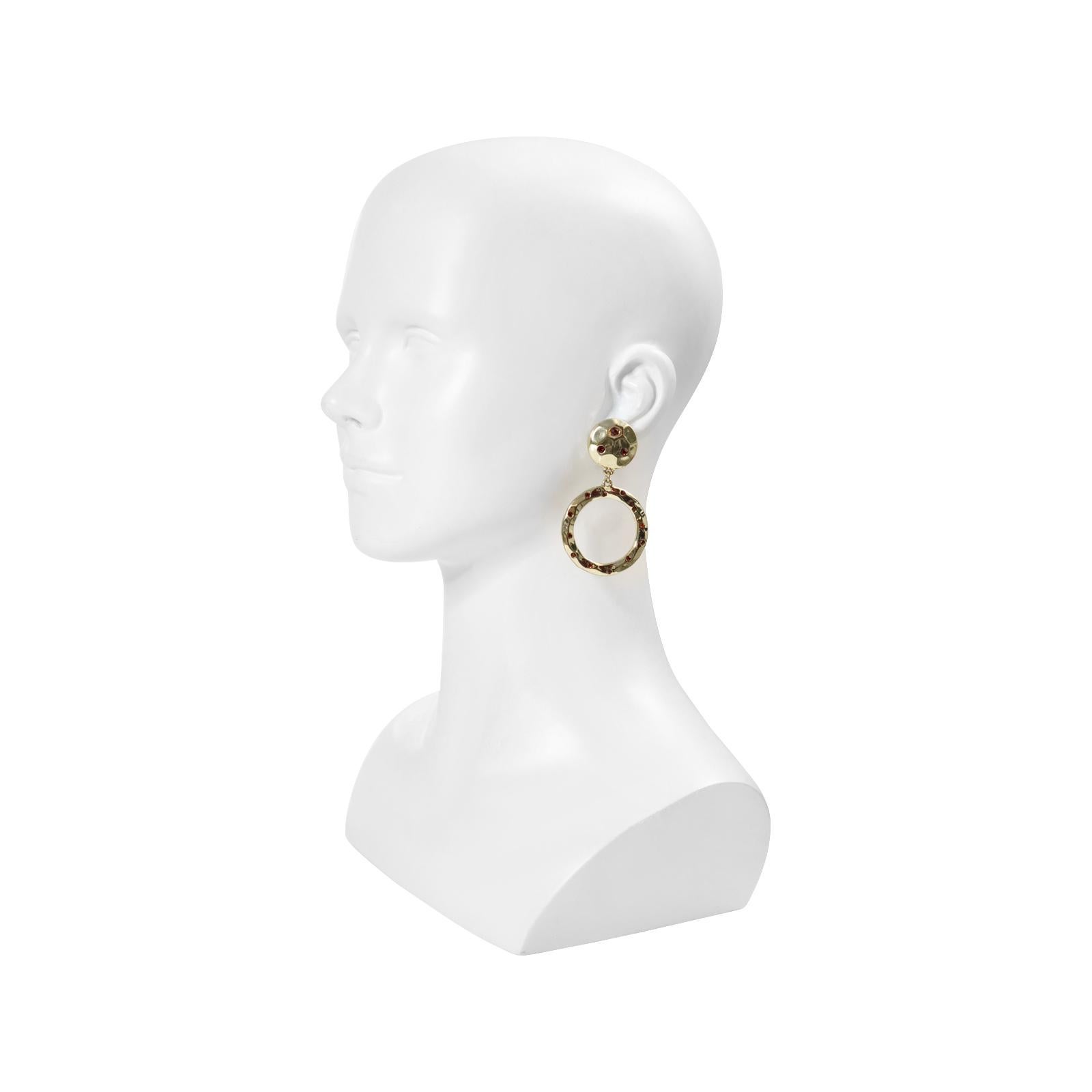 Vintage Heidi Daus Gold Tone With Red Crystals Dangling Hoop Earrings Circa 1990 For Sale 3