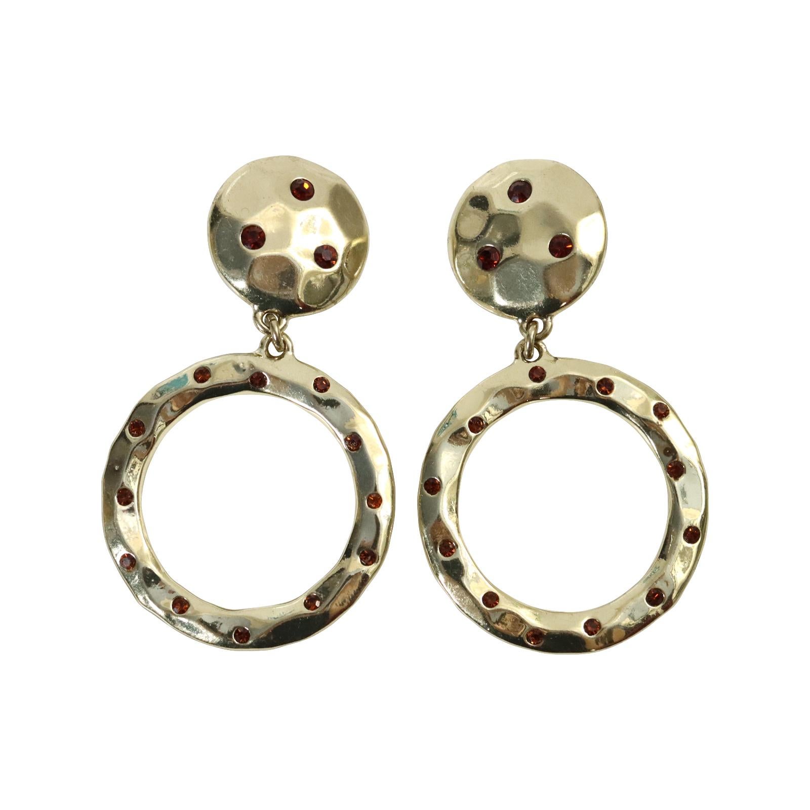 Vintage Heidi Daus Gold Tone With Red Crystals Dangling Hoop Earrings Circa 1990 For Sale 4