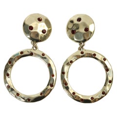 Vintage Heidi Daus Gold Tone With Red Crystals Dangling Hoop Earrings Circa 1990