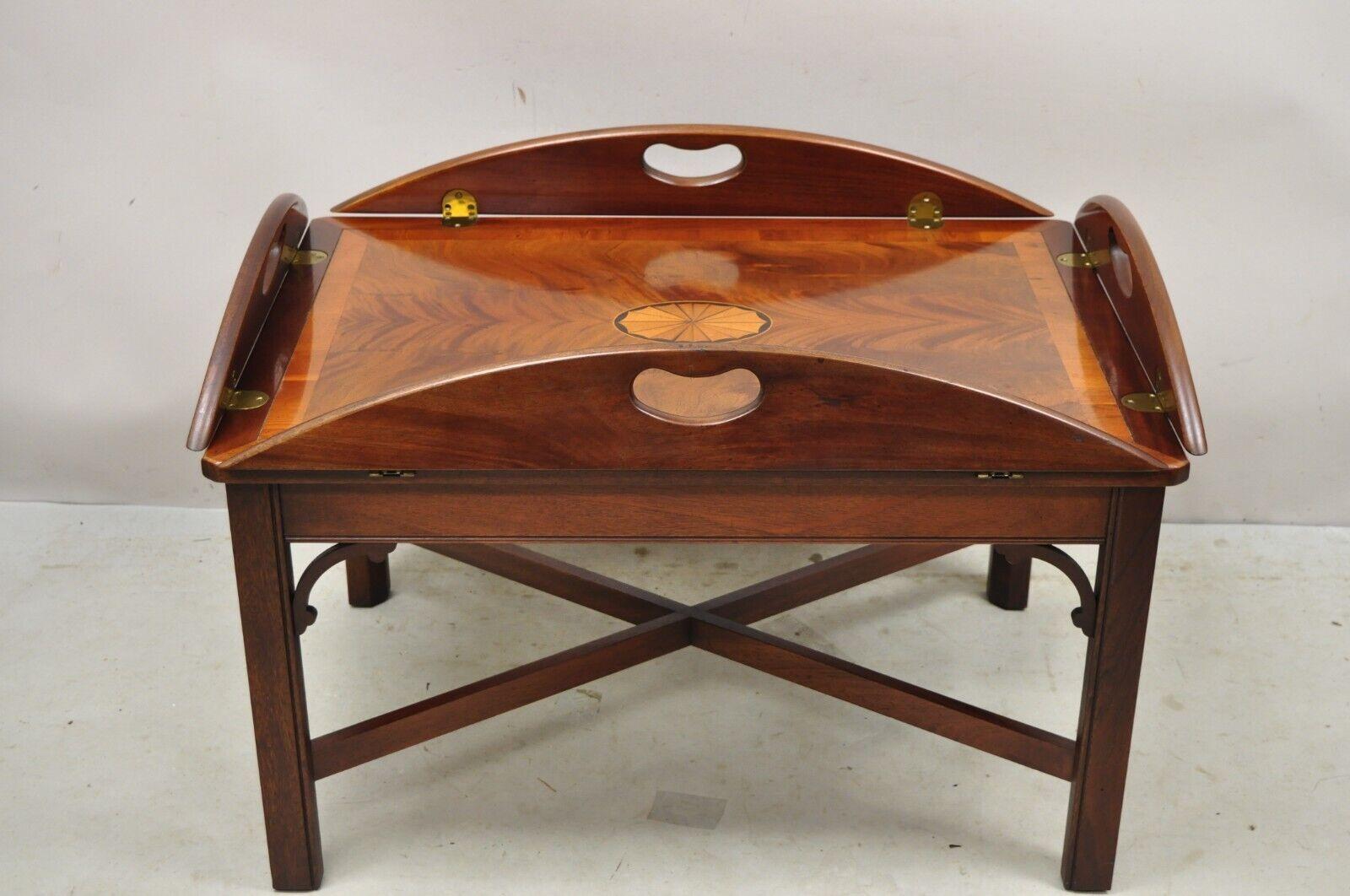 Vintage Hekman Butlers Tray Table Mahogany Coffee Table w/ Pinwheel Inlay 3