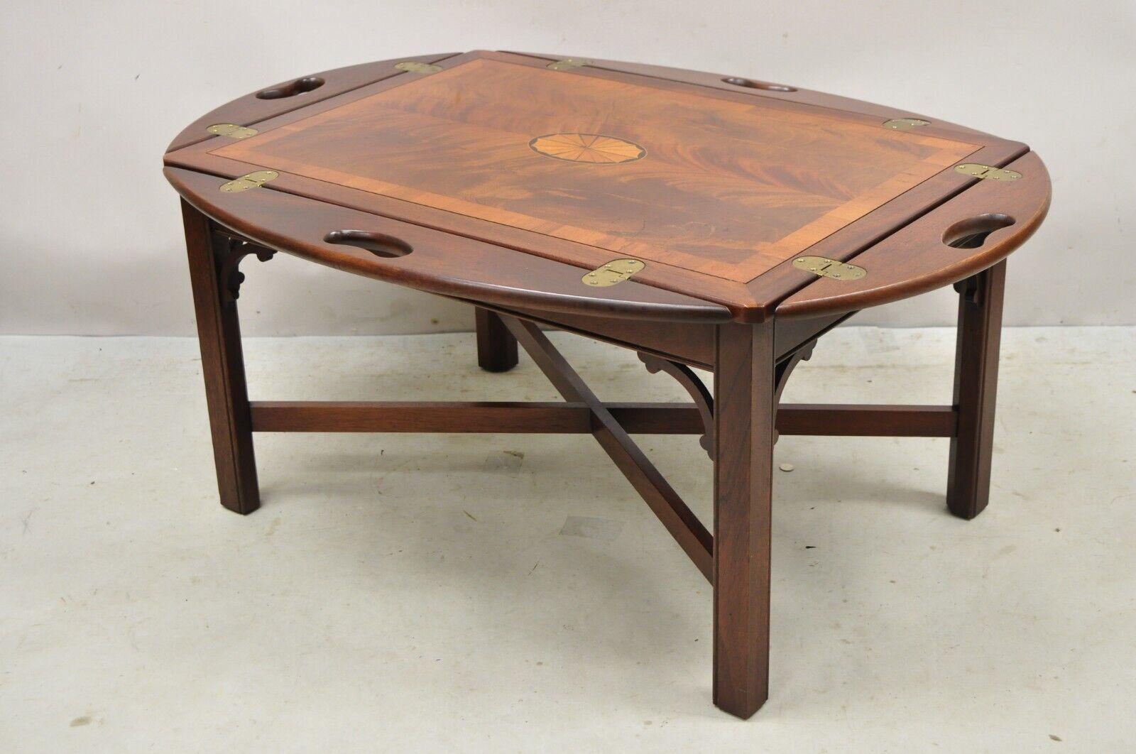 20th Century Vintage Hekman Butlers Tray Table Mahogany Coffee Table w/ Pinwheel Inlay