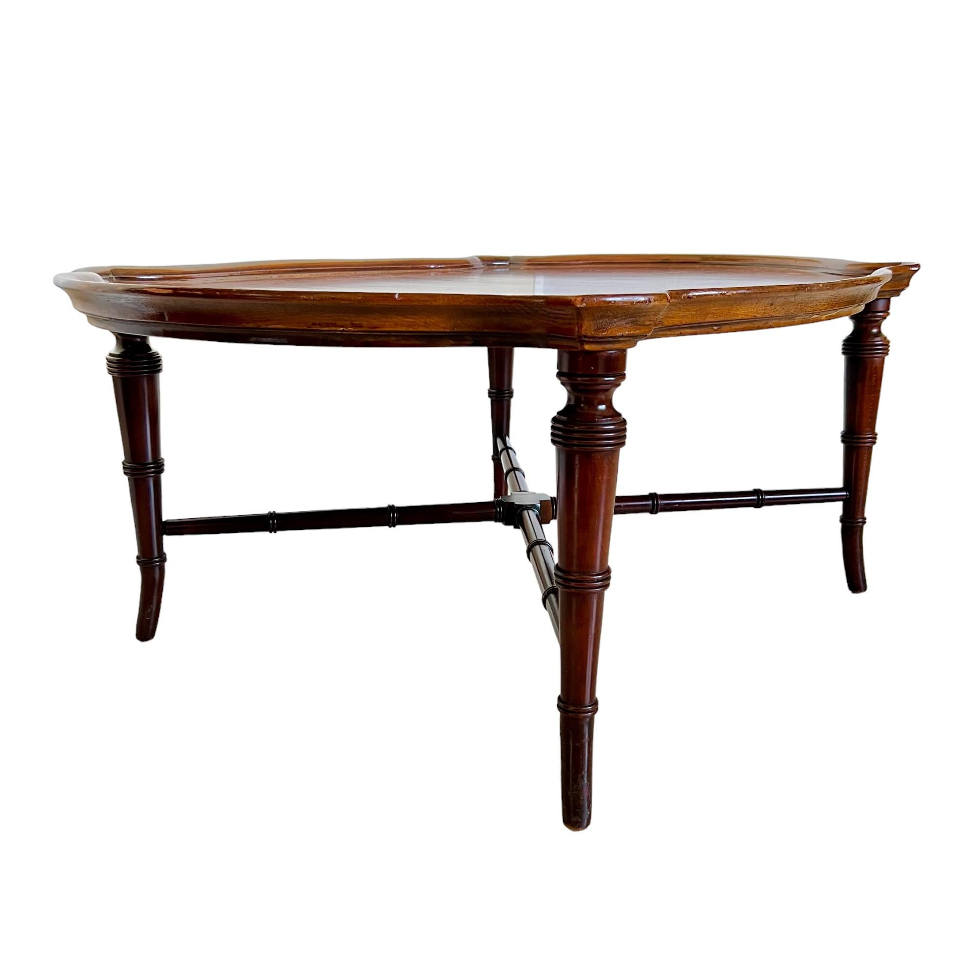 American Vintage Hekman Chinoiserie Burl Top Faux Bamboo Oval Coffee Table