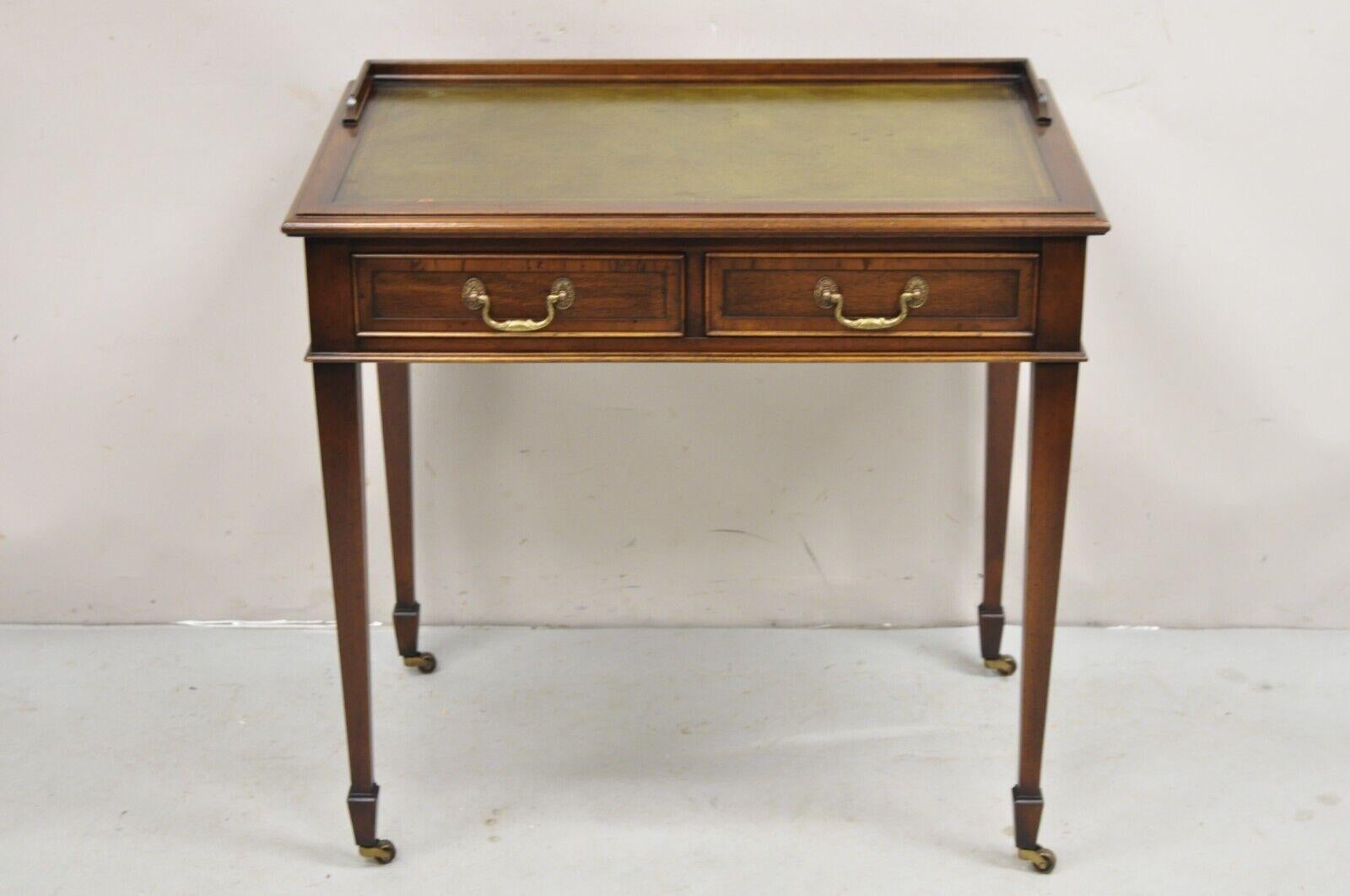 Vintage Hekman Edwardian Style Small Green Leather Top Mahogany Writing Desk 5