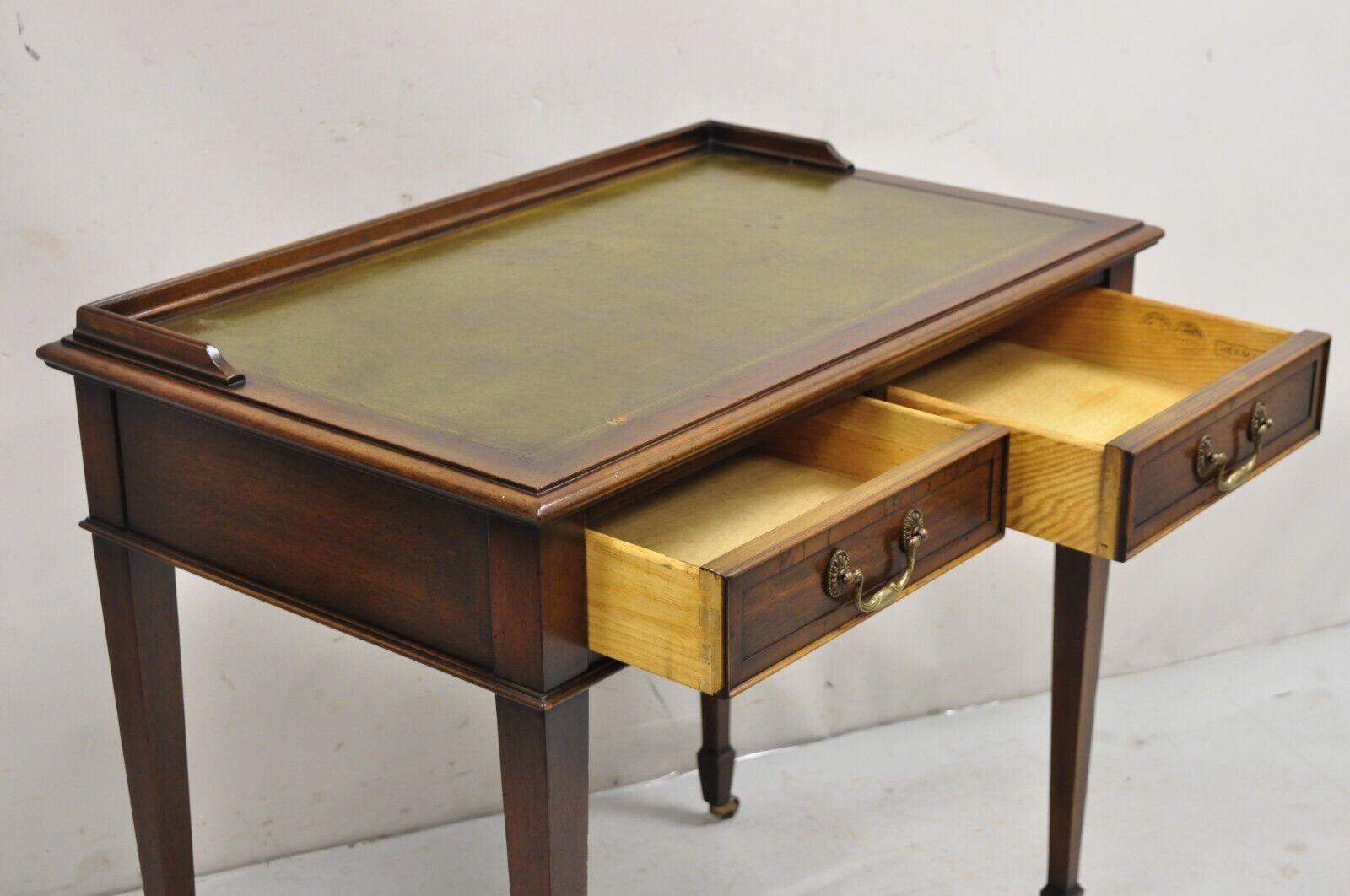 Vintage Hekman Edwardian Style Small Green Leather Top Mahogany Writing Desk In Good Condition In Philadelphia, PA