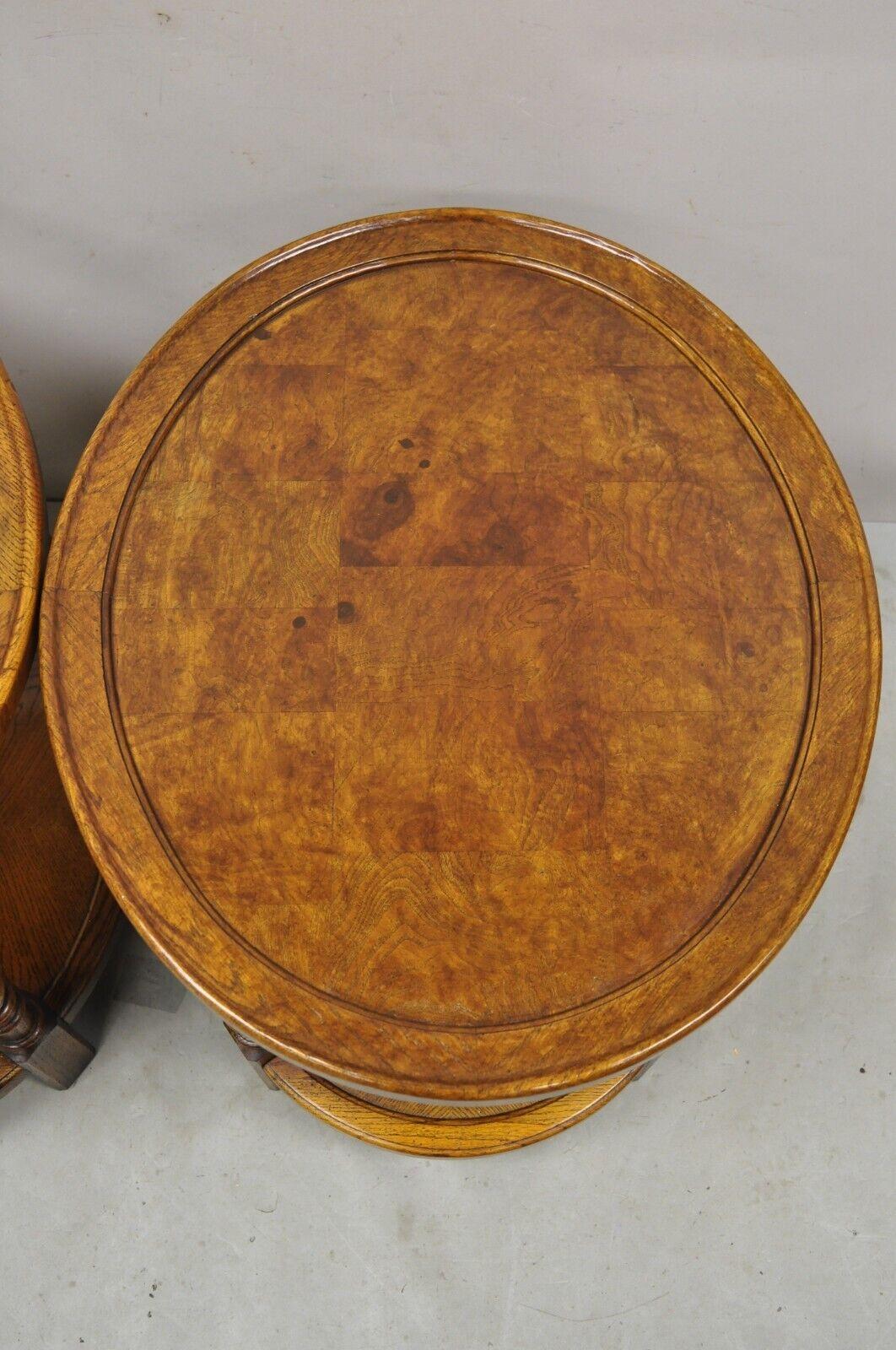 French Provincial Vintage Hekman Italian Provincial Oak & Burlwood Two Tier Oval End Tables - Pair