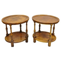 Vintage Hekman Italian Provincial Oak & Burlwood Two Tier Oval End Tables - Pair