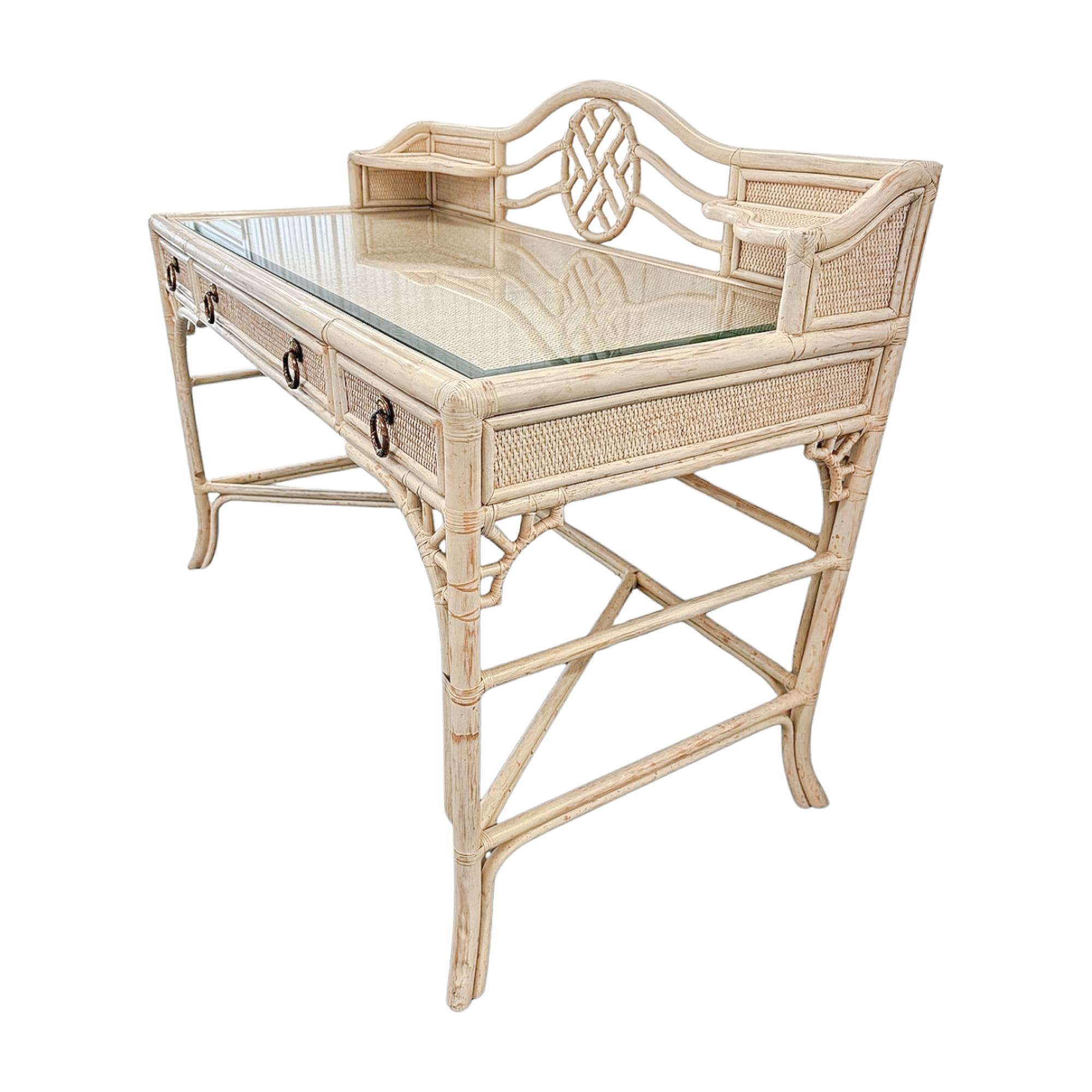 Hand-Painted Vintage Hekman White Rattan Desk with Glass Top For Sale