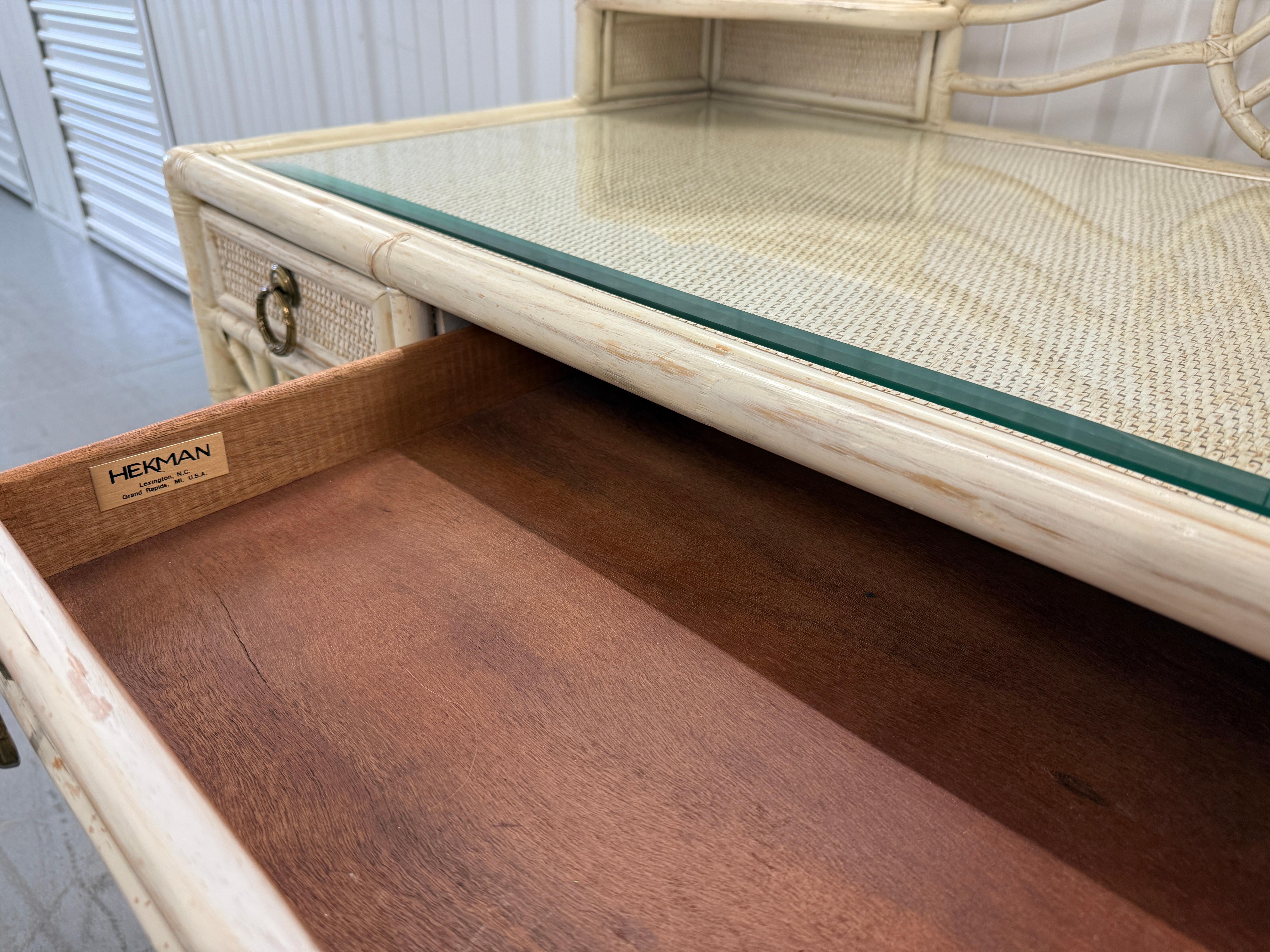 Vintage Hekman White Rattan Desk with Glass Top For Sale 1