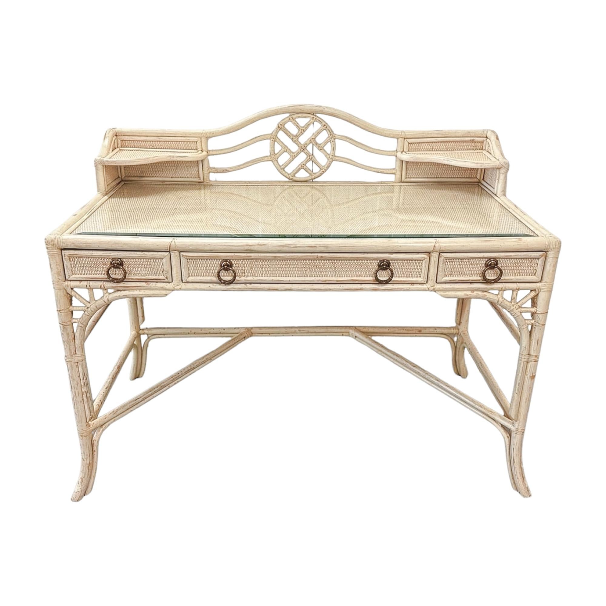 Vintage Hekman White Rattan Desk with Glass Top