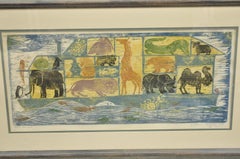 Vintage Helen Siegl "Noah's Ark" 1958 Woodcut Print Framed Mid Century Art