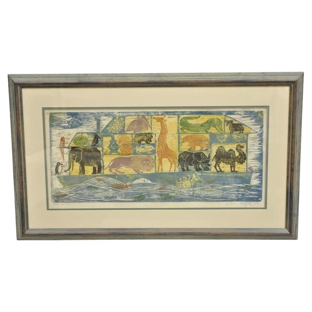 Helen Siegl « Noah's Ark », 1958, gravure sur bois encadrée, art du milieu du siècle dernier