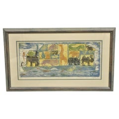 Vintage Helen Siegl "El Arca de Noé" 1958 Grabado xilográfico Enmarcado Arte de mediados de siglo