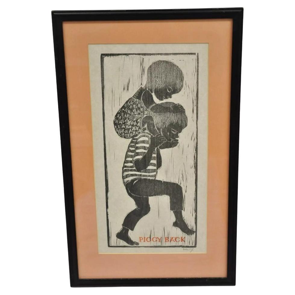 Vintage Helen Siegl "Piggy Back" 1950s Woodcut Print Encadré Mid Century Art