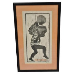Vintage Helen Siegl "Piggy Back" 1950s Woodcut Print Framed Mid Century Art