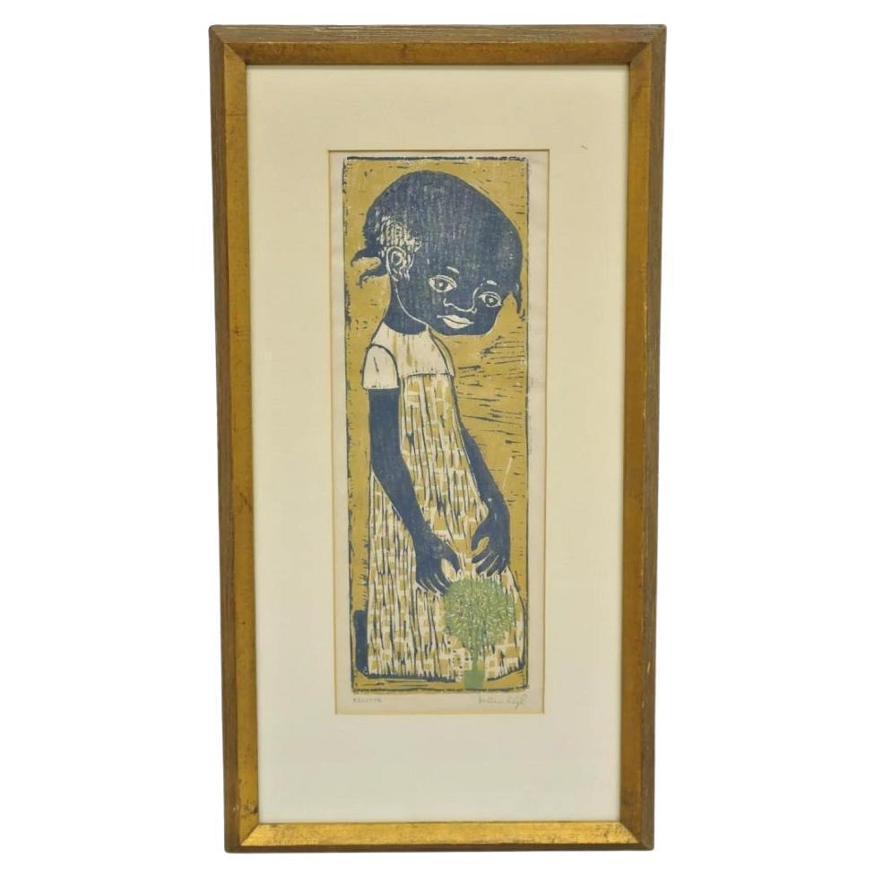 Vintage Helen Siegl "Young Girl" 1950s Woodcut Print Encadré Mid Century Art en vente