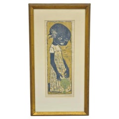 Vintage Helen Siegl "Young Girl" 1950s Woodcut Print Framed Mid Century Art
