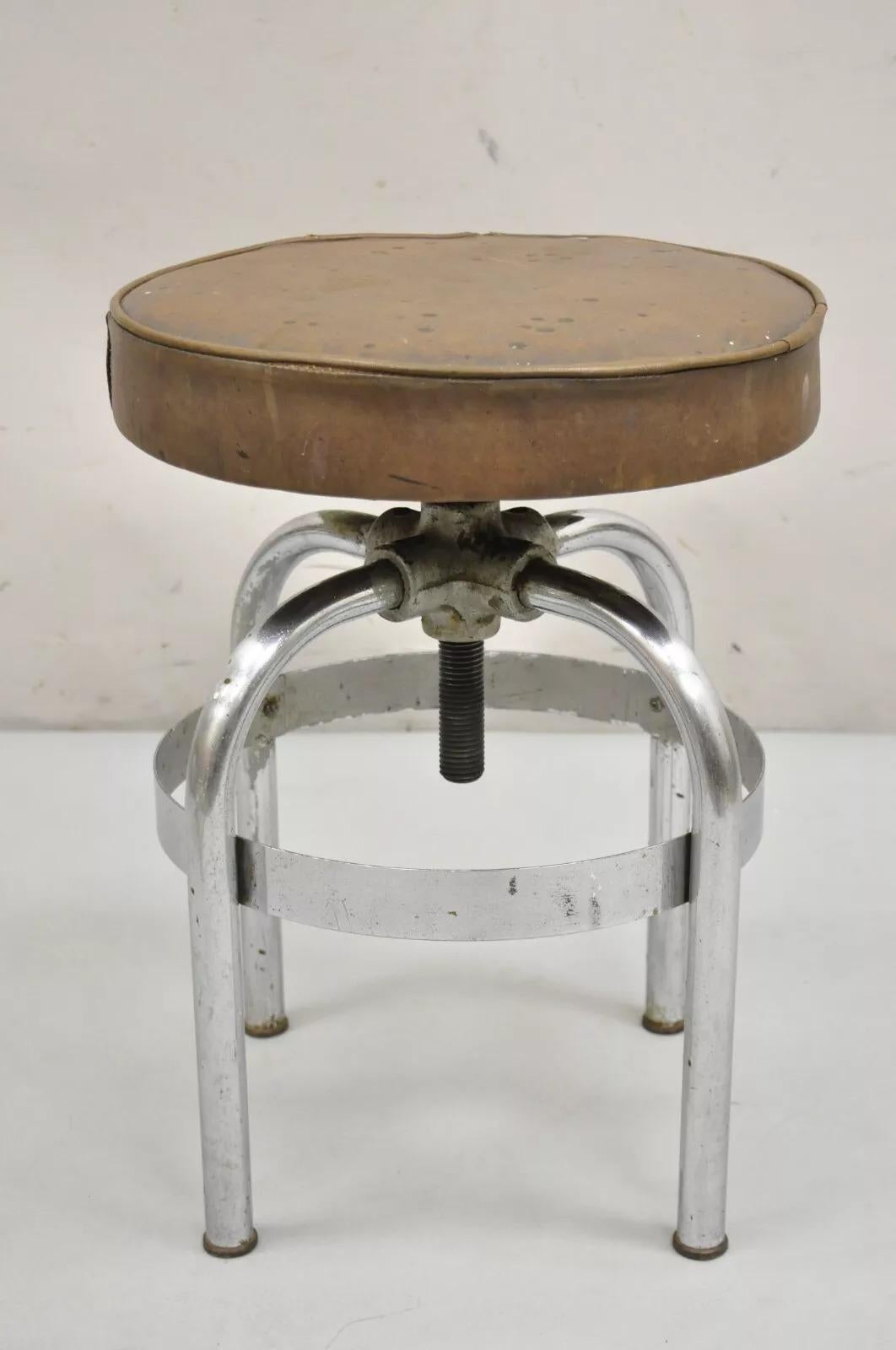 Vintage Helene Curtis Industrial Steel Metal Adjustable Medical Exam Stool. Circa Early 20th Century. Measurements: 20