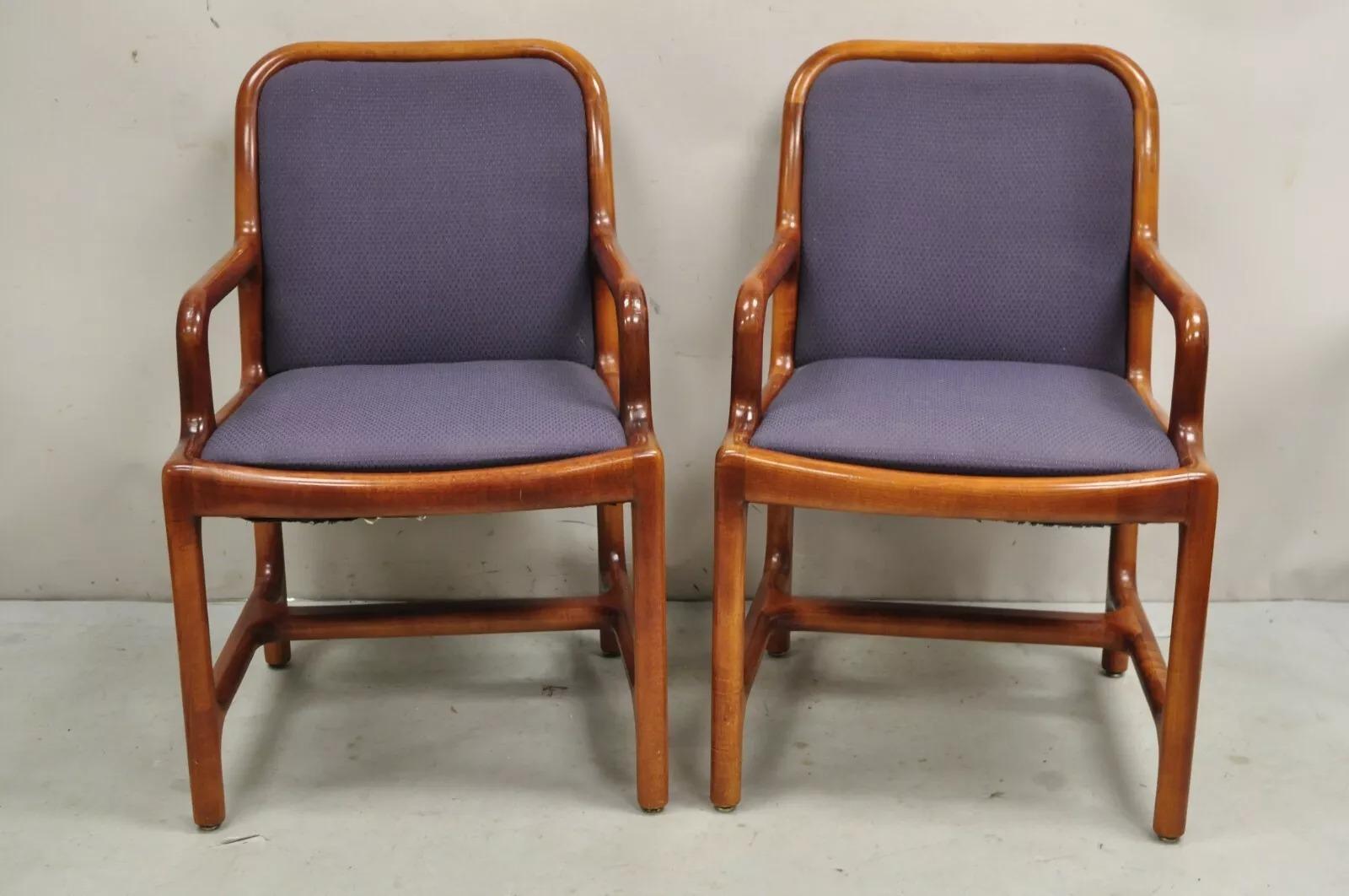 Vintage Helikon Mid Century Modern Sculpted Cherry Wood Lounge Chairs with Purple Upholstery - a Pair. Circa Late 20th Century. Measurements: 34