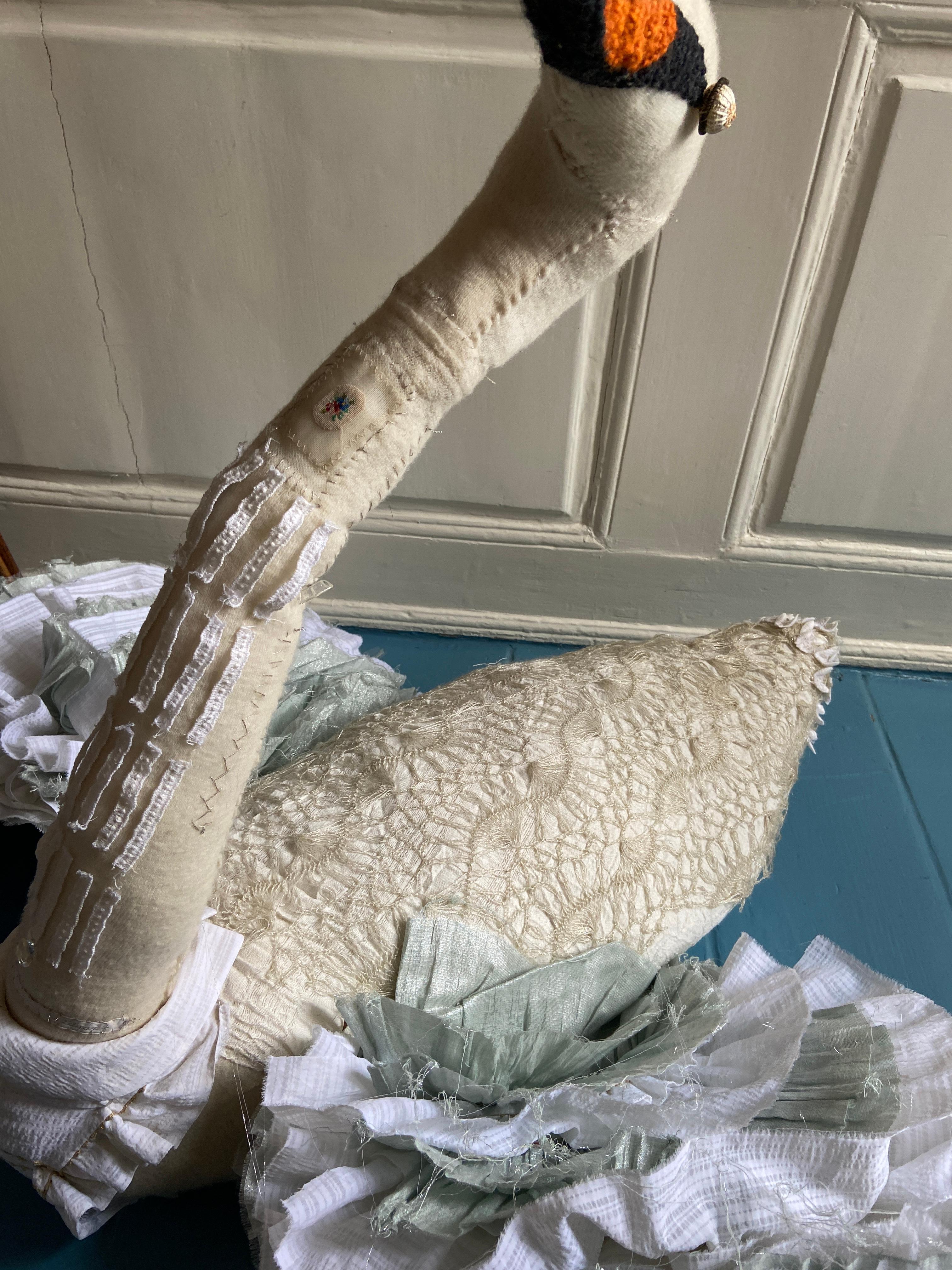 Contemporary Vintage Helle Høgsbro Krag Swan Sculpture Made of Various Textiles, Denmark