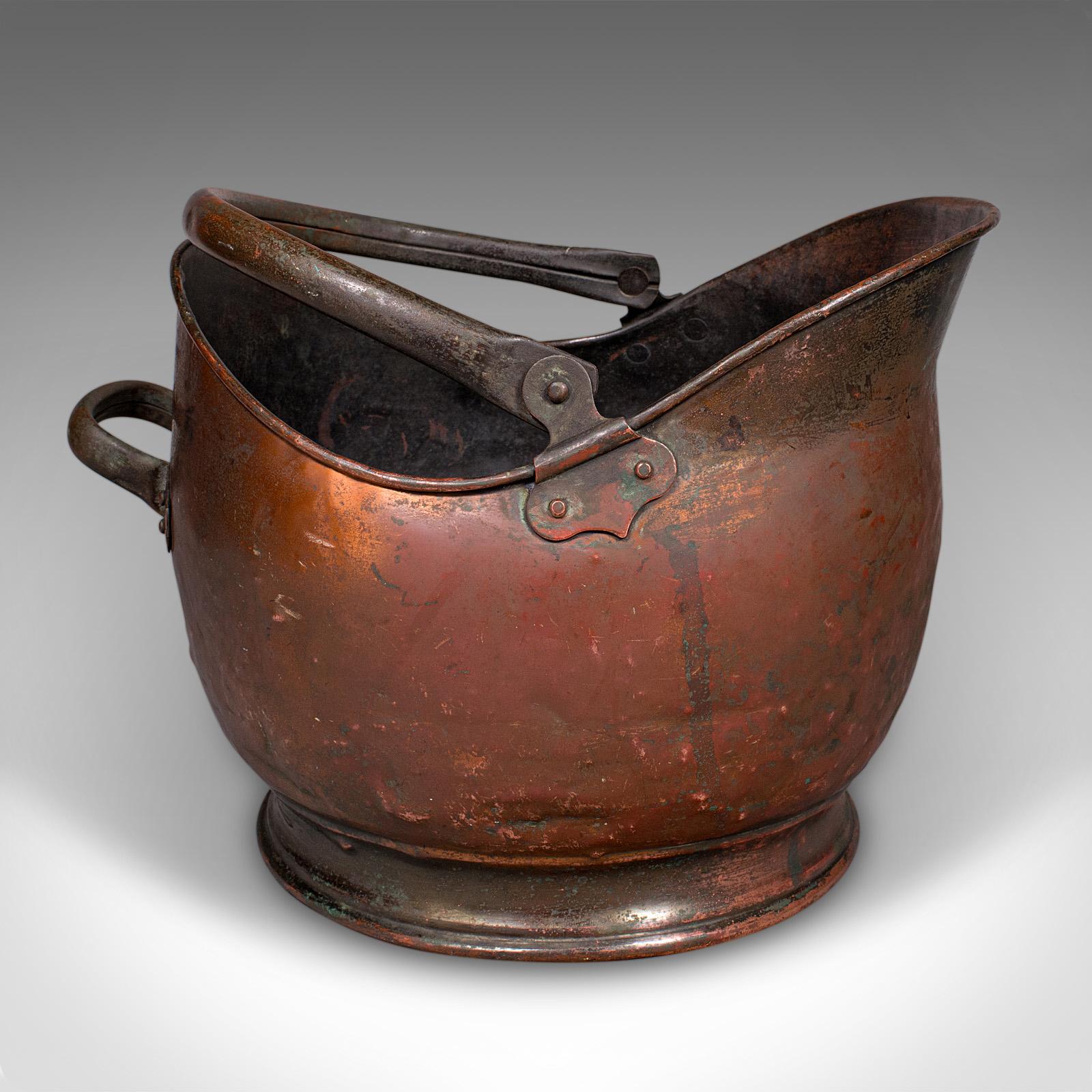 British Vintage Helmet Coal Scuttle, English Copper, Fireside Basket, Victorian Revival For Sale
