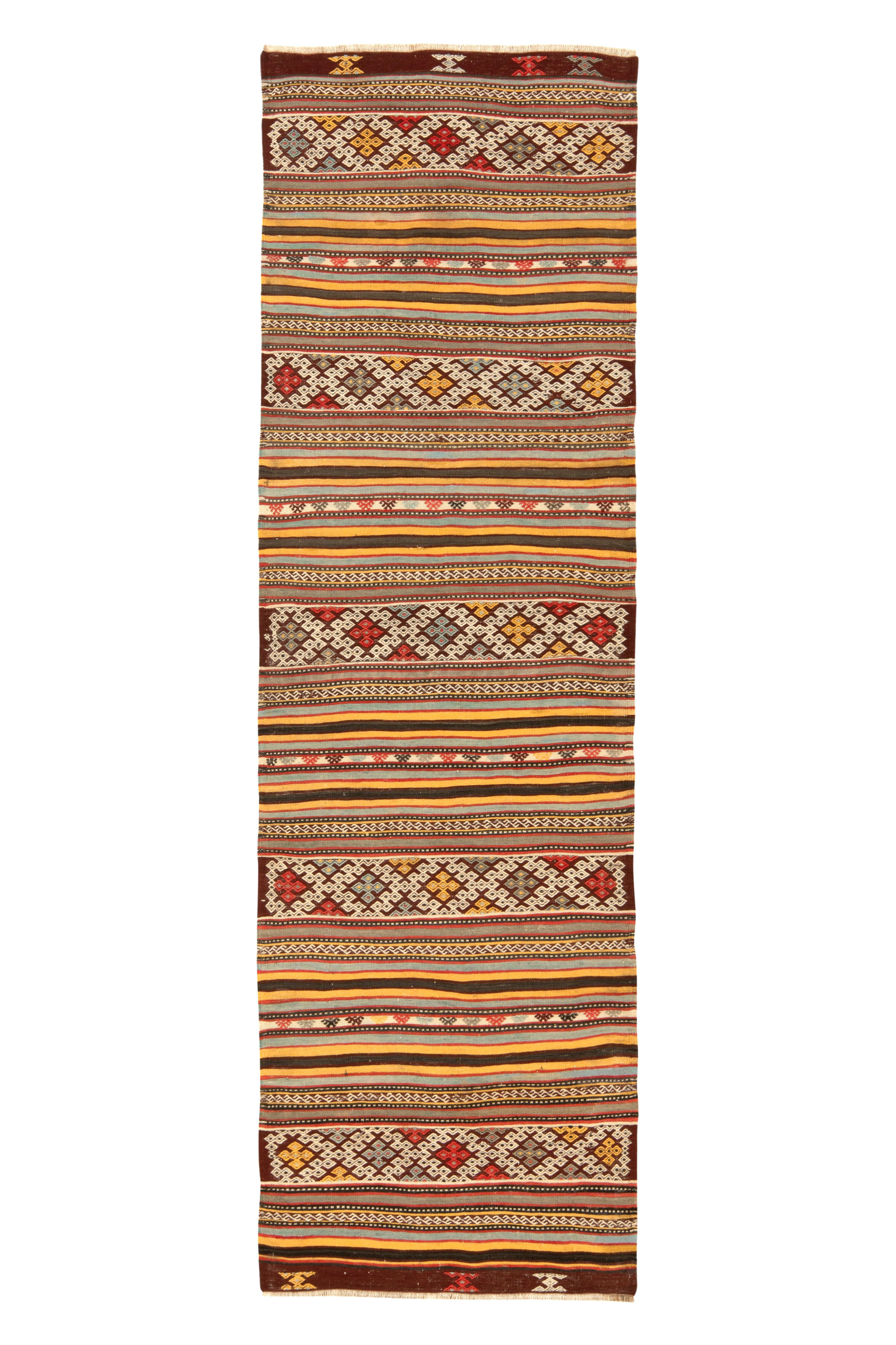 Vintage Turkish Kilim runner in Yellow, Red, Geometric Pattern by Rug & Kilim For Sale
