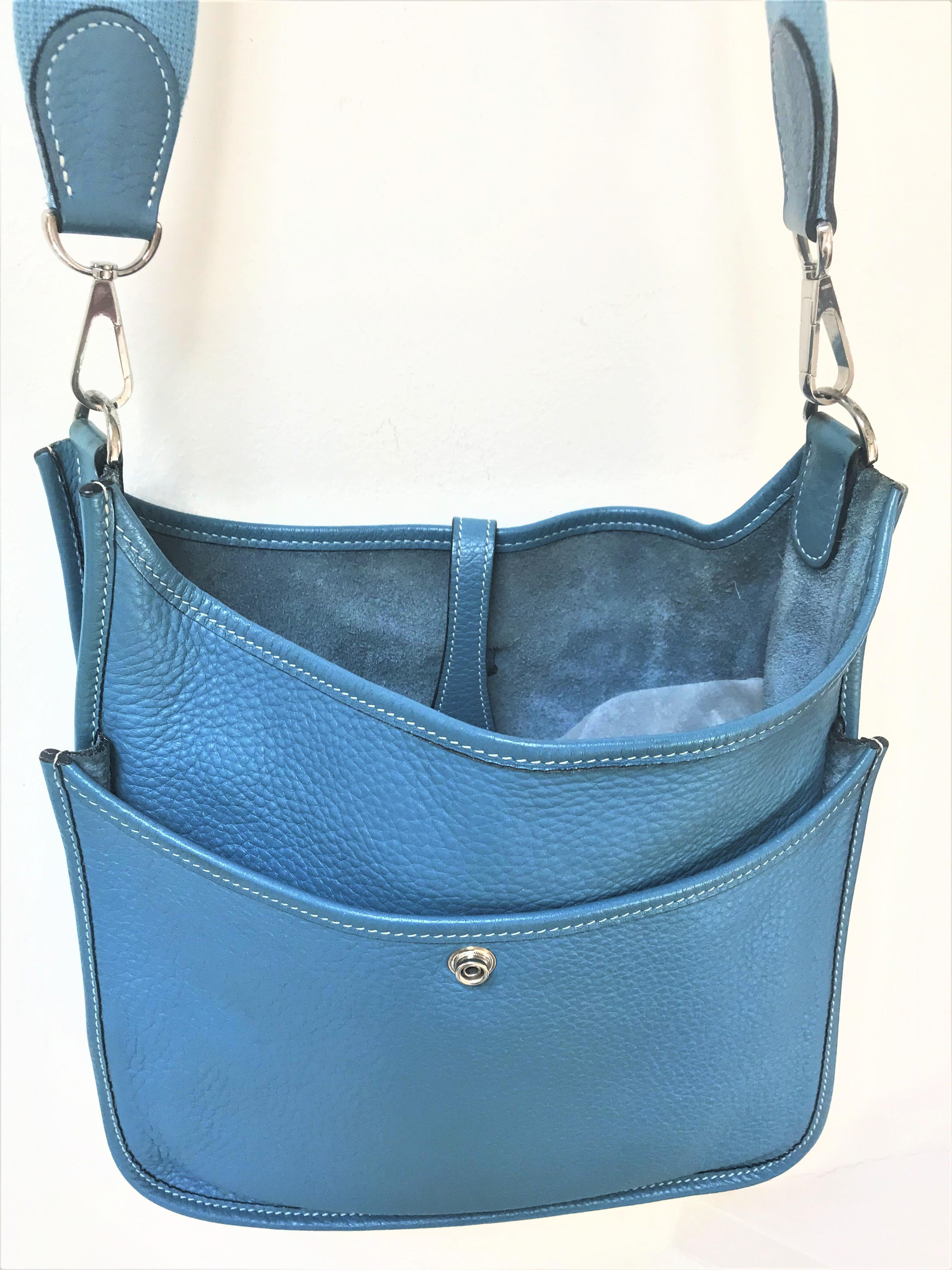 VINTAGE HERMES  EVELYN II BAG, Clemens leather blue jeans 2005 paladium In Good Condition In Stuttgart, DE