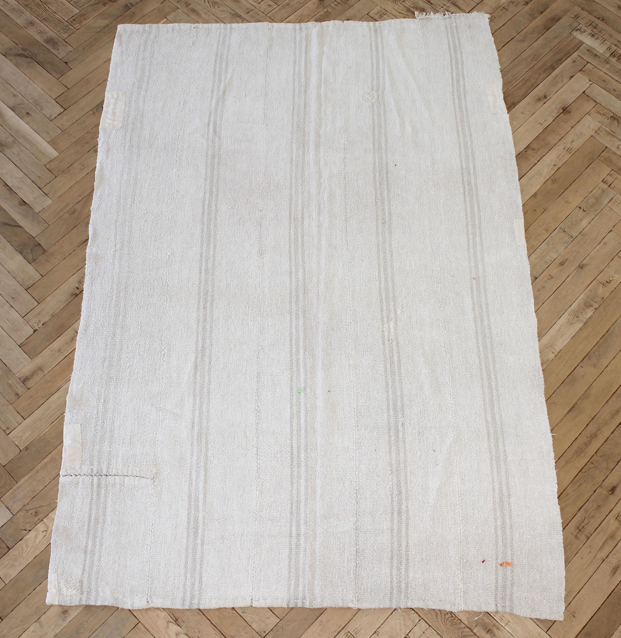 20th Century Vintage Hemp Turkish Rug in Oyster White with Light Taupe Stripes