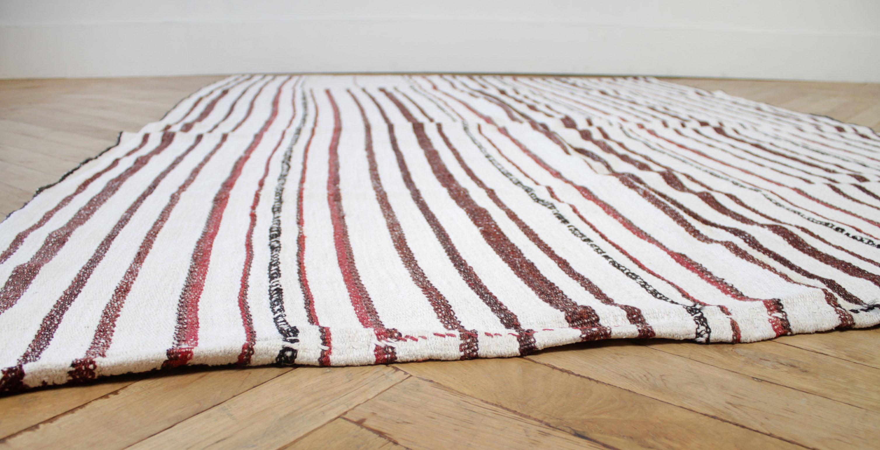 20th Century Vintage Hemp Turkish Stripe Rug in White with Brick Tone Colored Stripes For Sale