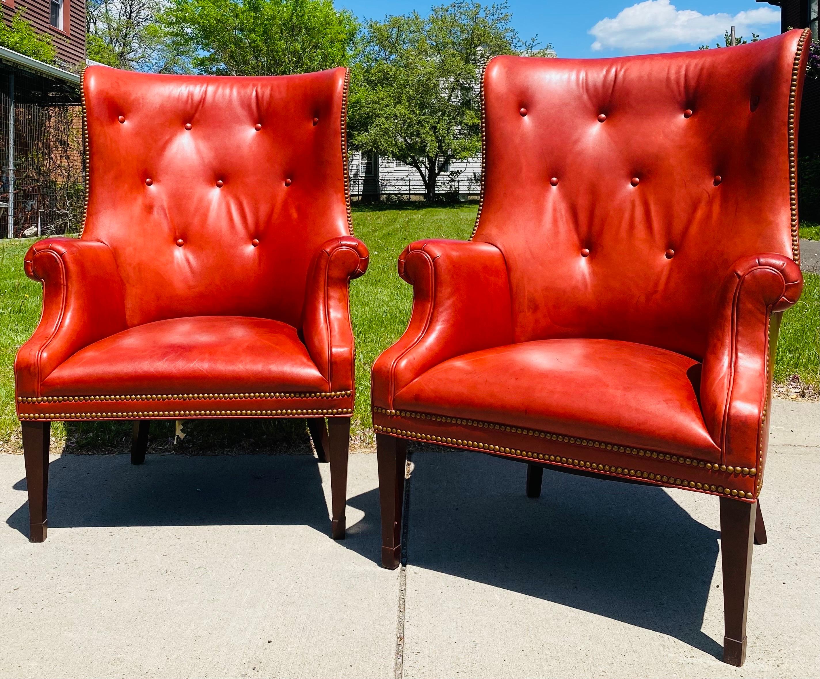 Vintage Hendrixsons Regency style leather wing chairs/a pair For Sale 5