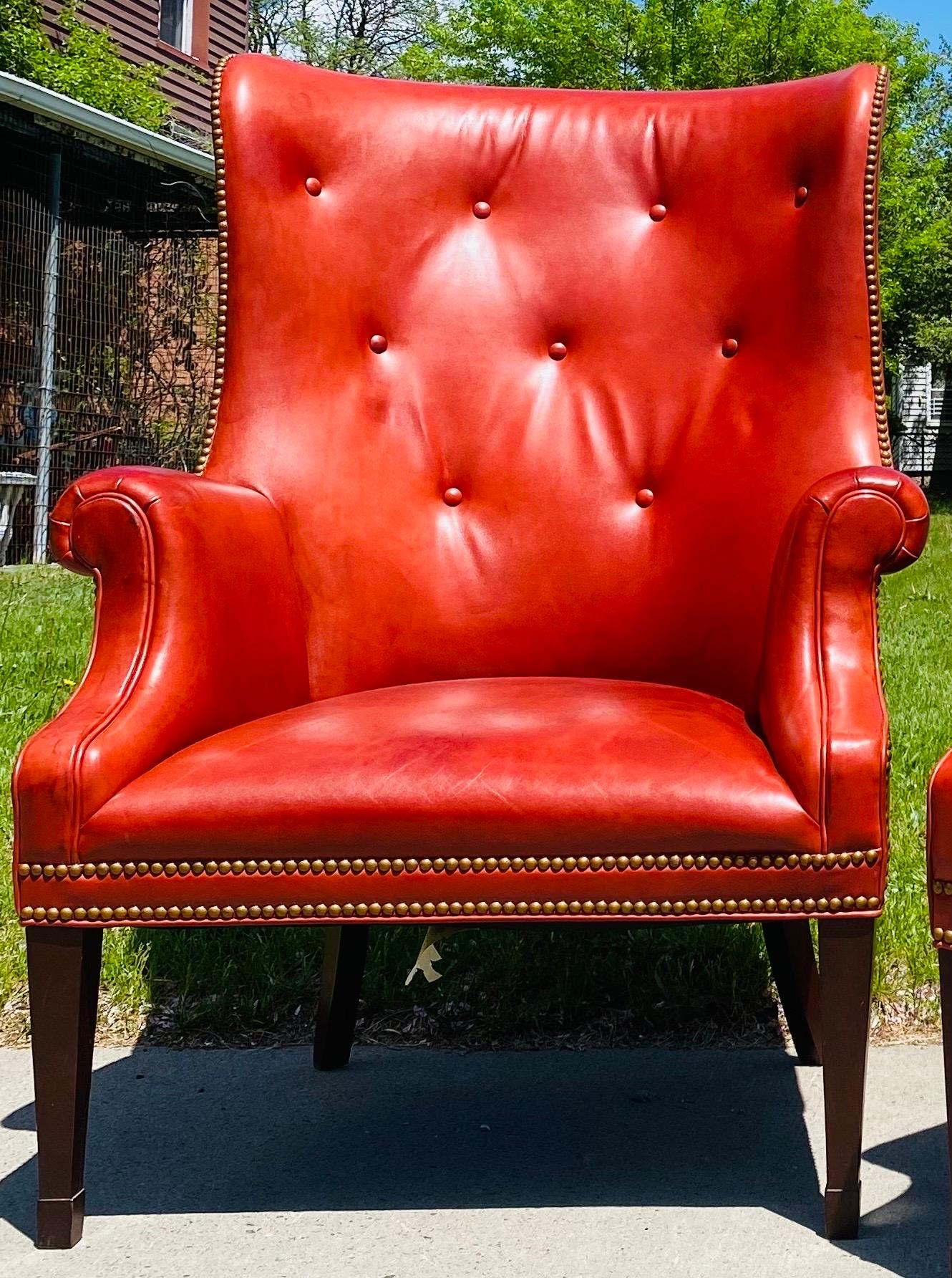 American Vintage Hendrixsons Regency style leather wing chairs/a pair For Sale