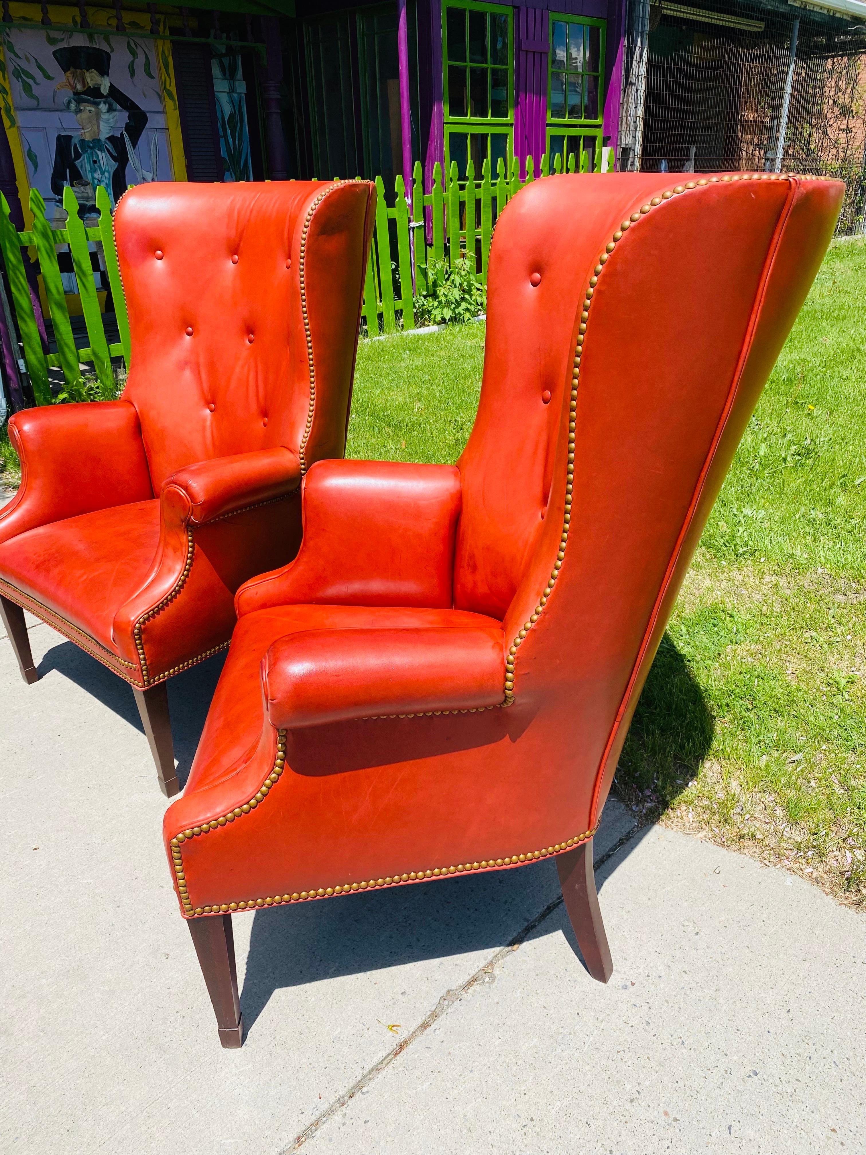 Hand-Crafted Vintage Hendrixsons Regency style leather wing chairs/a pair For Sale