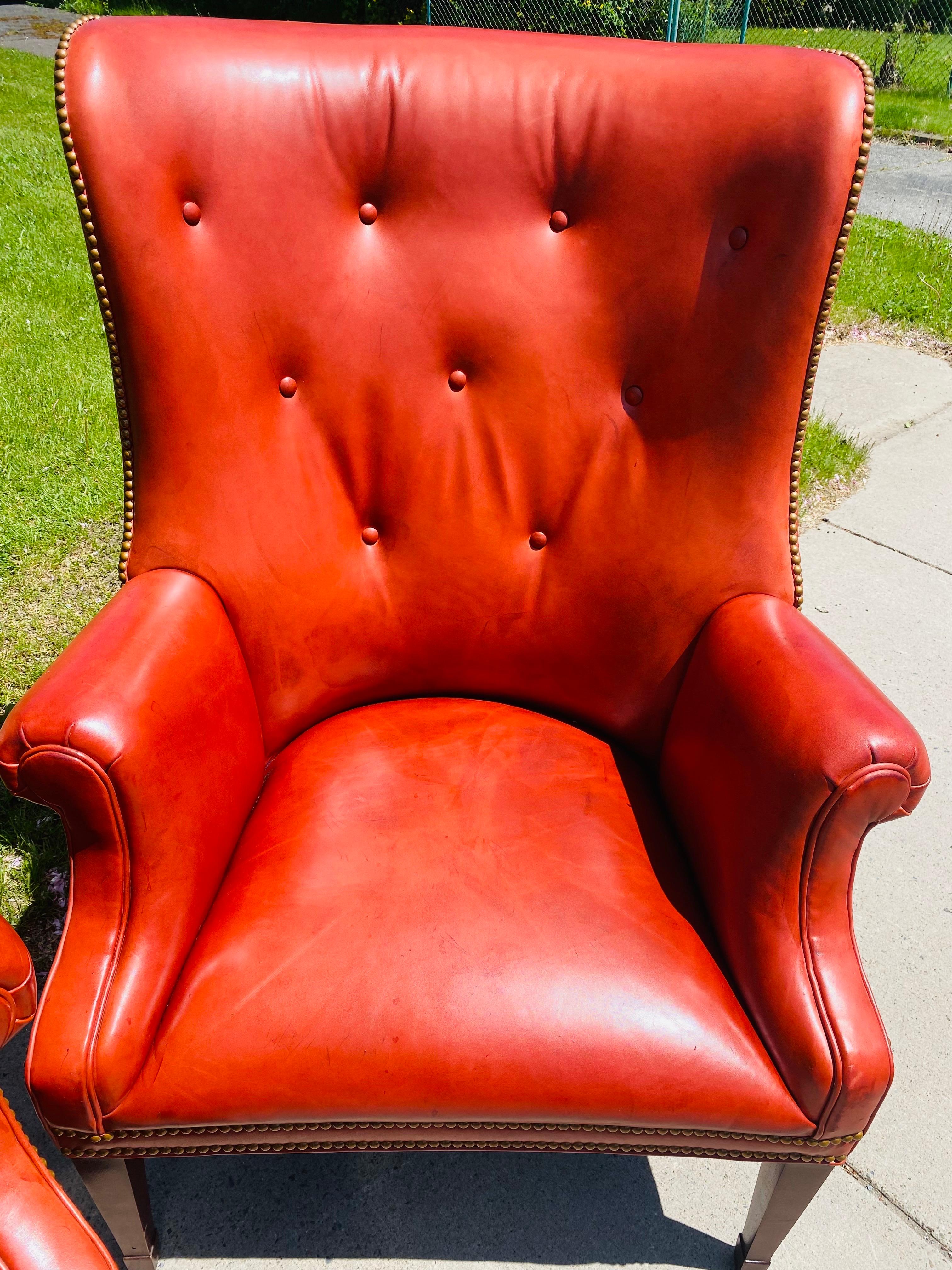 Vintage Hendrixsons Regency style leather wing chairs/a pair In Good Condition For Sale In Allentown, PA
