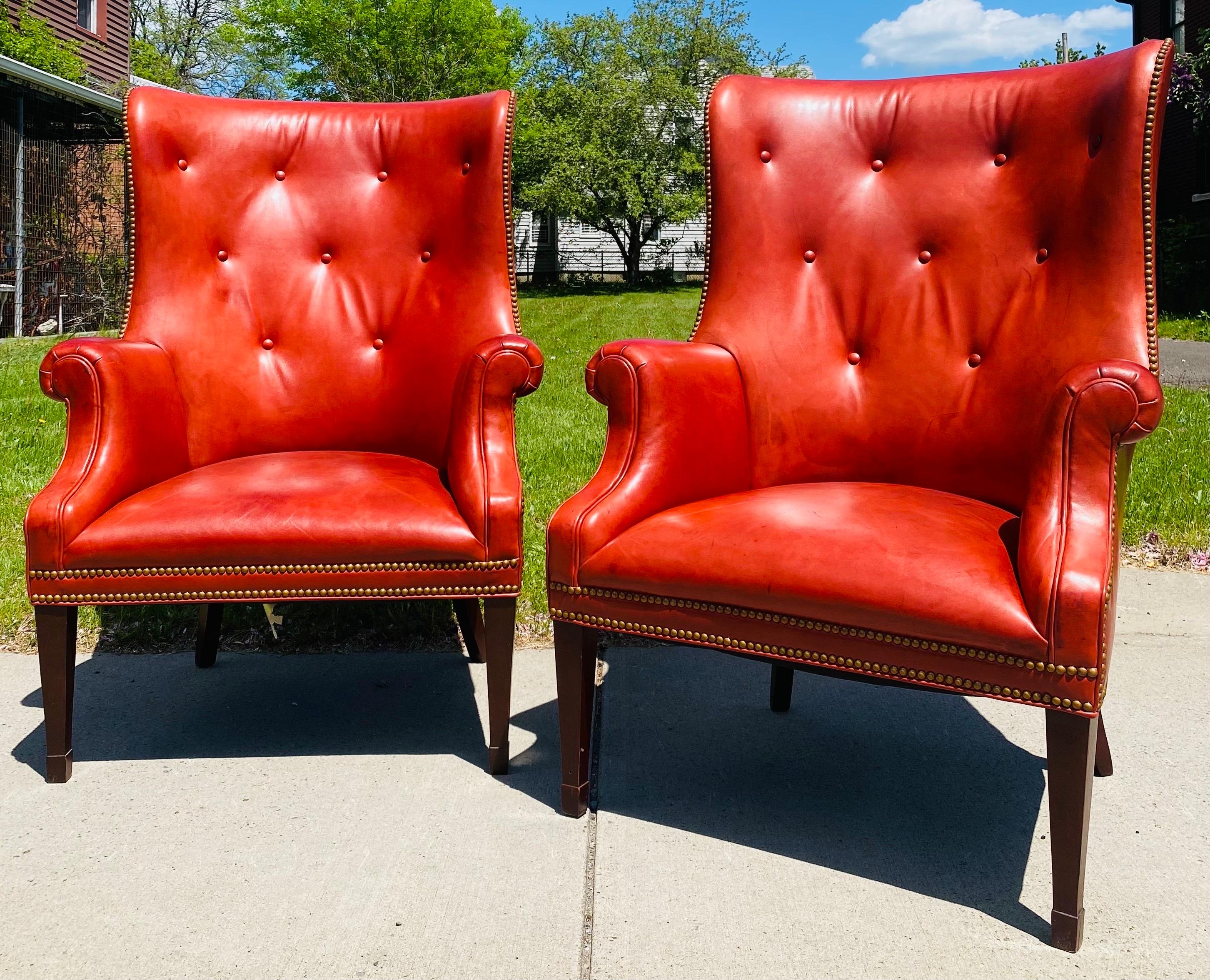 Late 20th Century Vintage Hendrixsons Regency style leather wing chairs/a pair For Sale