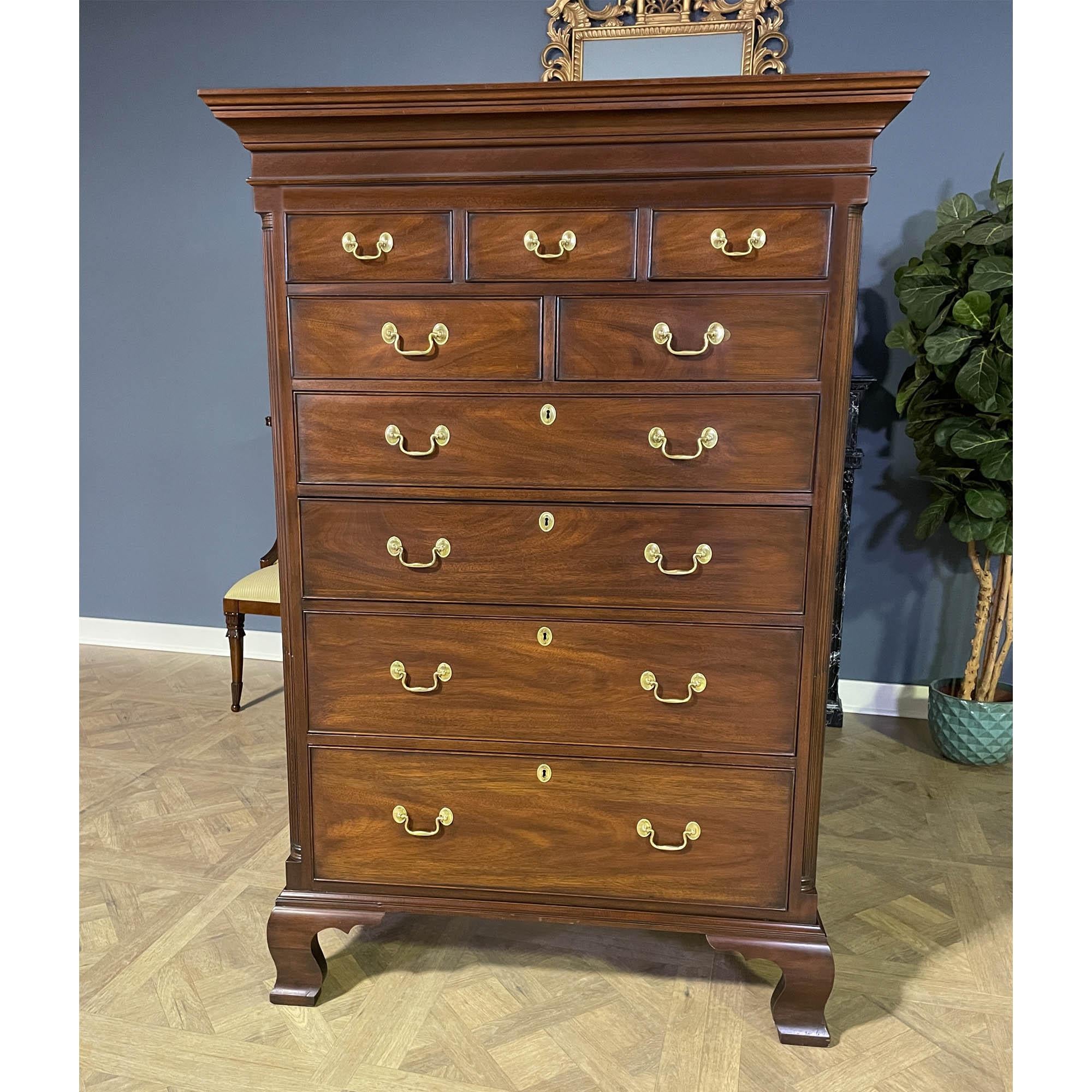 A Vintage Henkel Harris New Market Chest brought to you by Niagara Furniture. This chest is impressive in both it’s design and scale. Made of beautifully grained solid mahogany, the Vintage Henkel Harris New Market Chest features nine graduated
