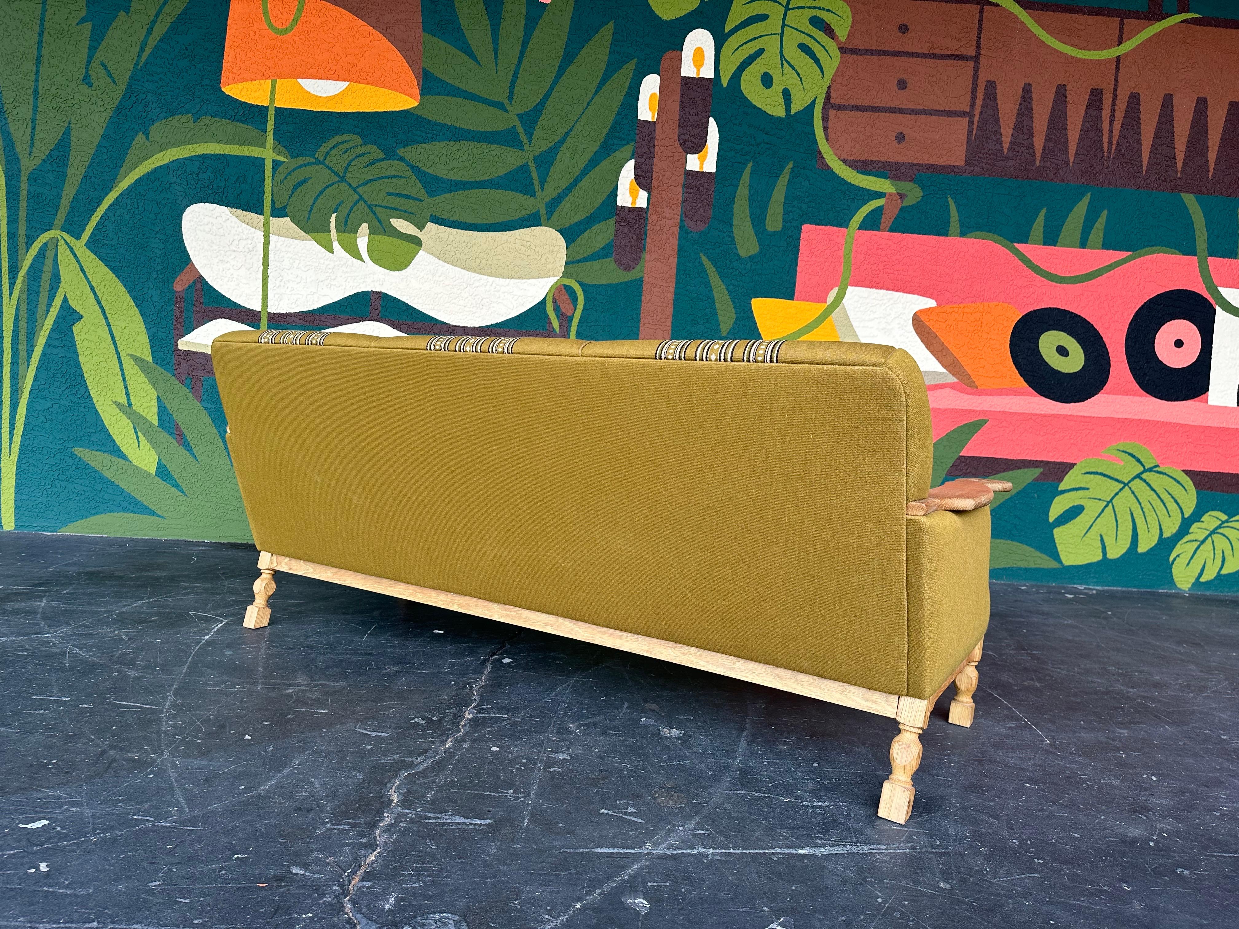 Danish Vintage Henning Kjaernulf attrib. Brutalist Green Stripe Oak 3 Seat Sofa For Sale