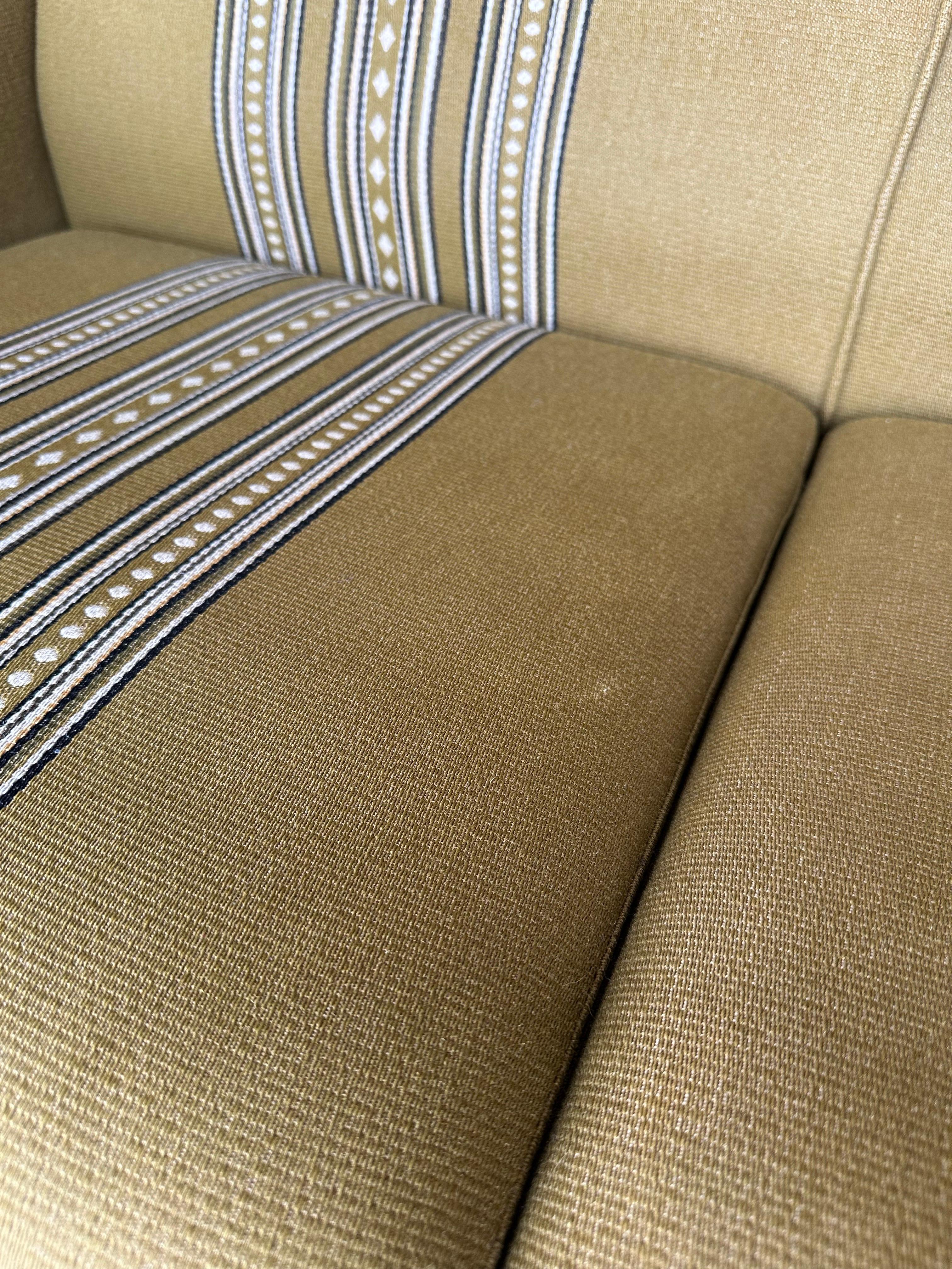 Carved Vintage Henning Kjaernulf attrib. Brutalist Green Stripe Oak 3 Seat Sofa For Sale