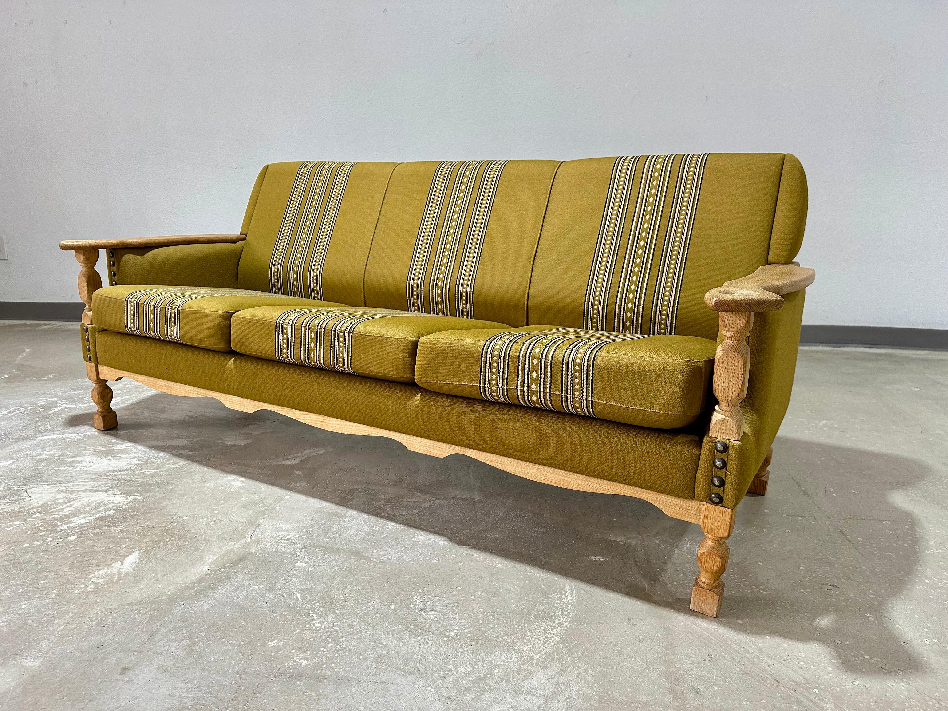 Fabric Vintage Henning Kjaernulf attrib. Brutalist Green Stripe Oak 3 Seat Sofa For Sale