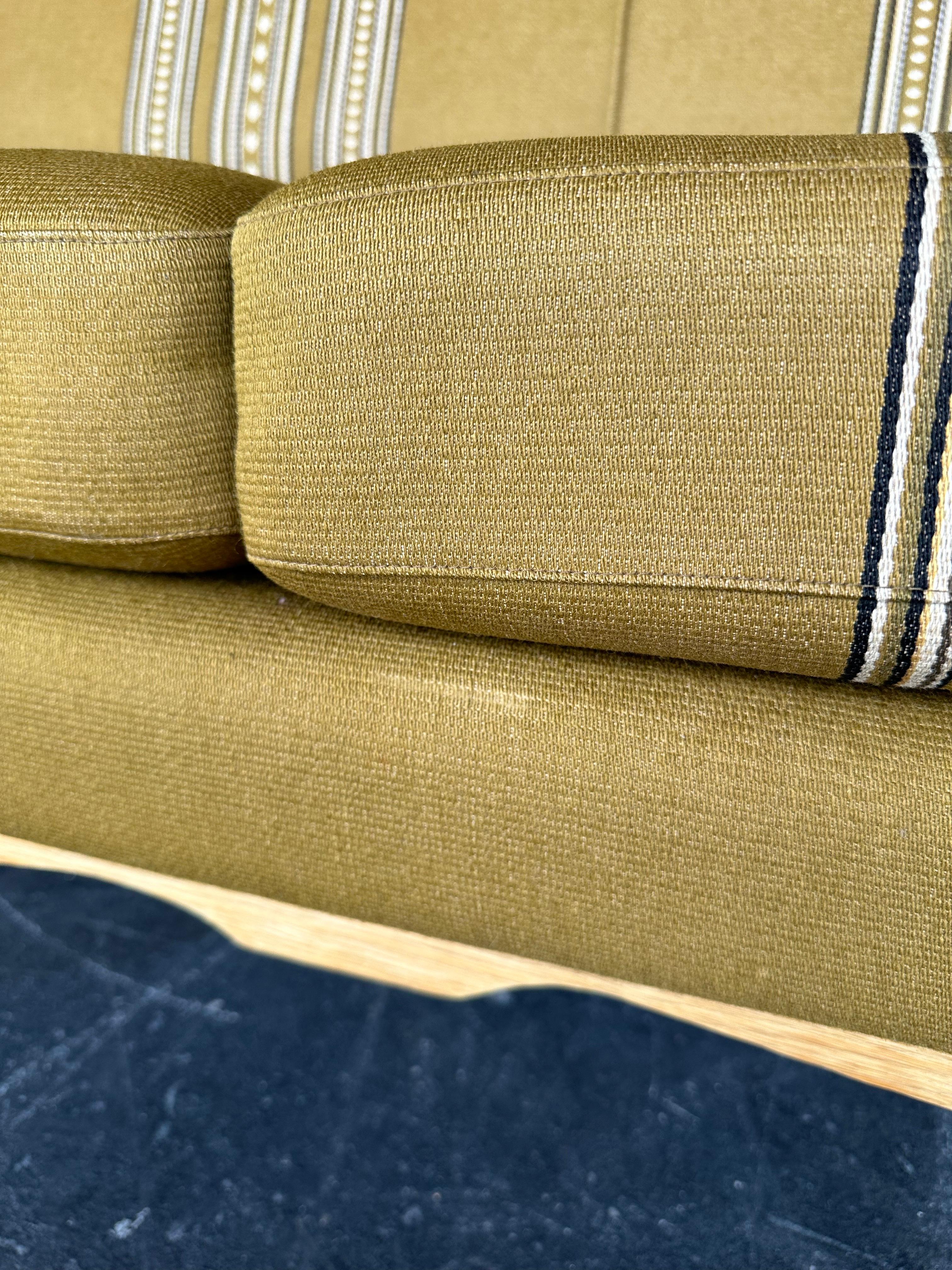 Vintage Henning Kjaernulf attrib. Brutalist Green Stripe Oak 3 Seat Sofa In Good Condition For Sale In Lutz, FL