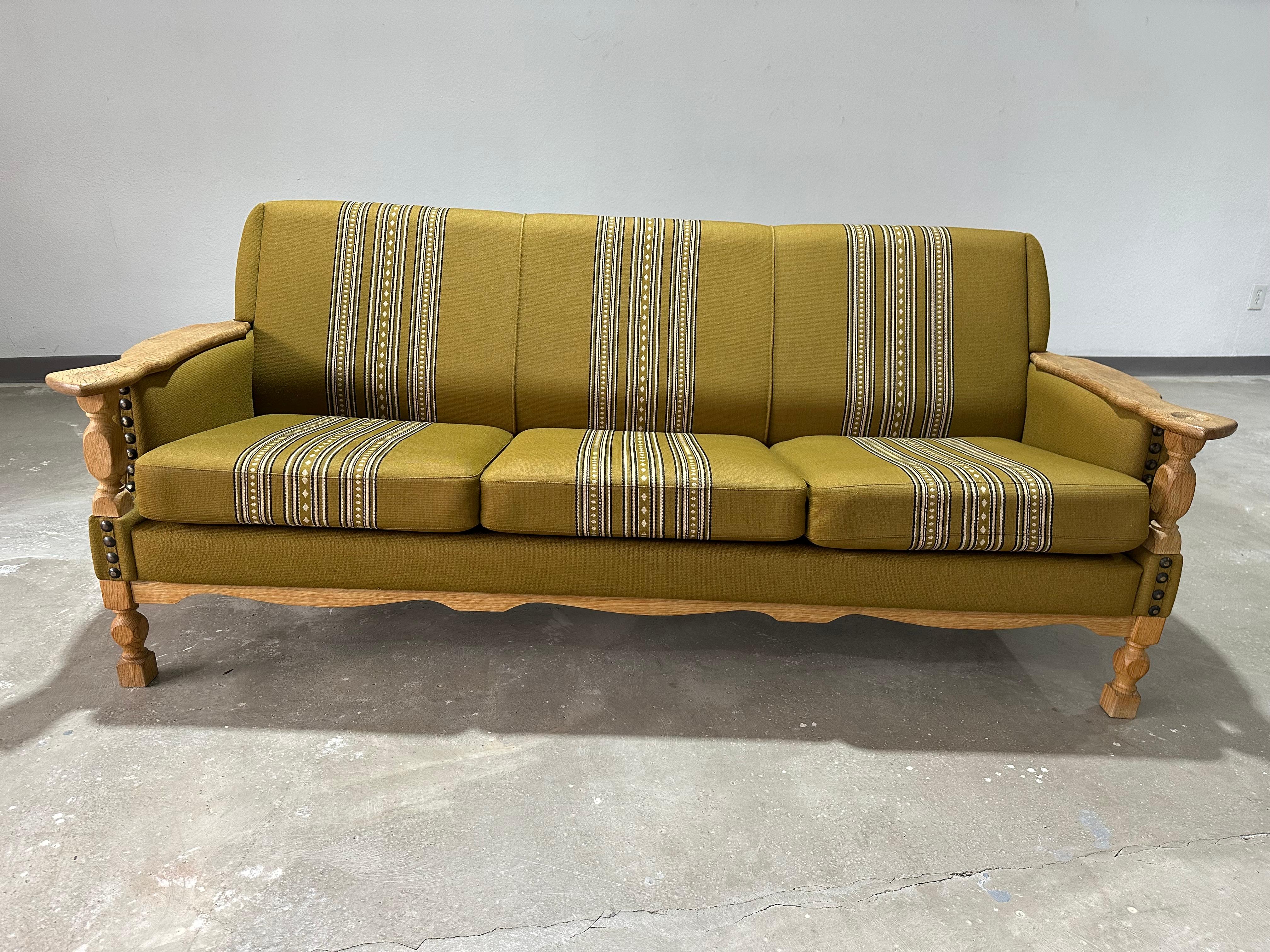 Vintage Henning Kjaernulf attrib. Brutalist Green Stripe Oak 3 Seat Sofa For Sale 1