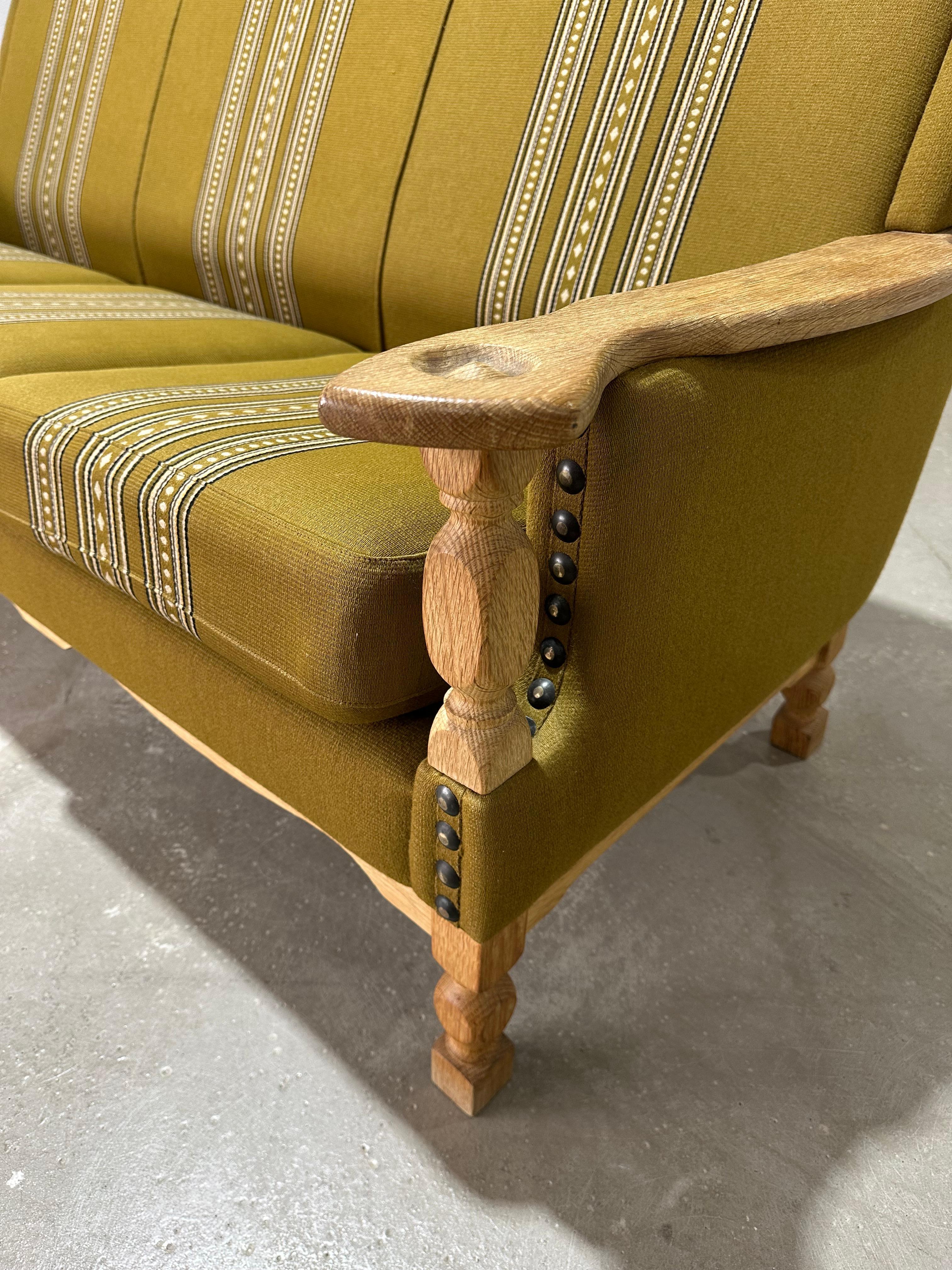 Vintage Henning Kjaernulf attrib. Brutalist Green Stripe Oak 3 Seat Sofa For Sale 2