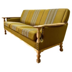 Vintage Henning Kjaernulf attrib. Brutalist Green Stripe Oak 3 Seat Sofa