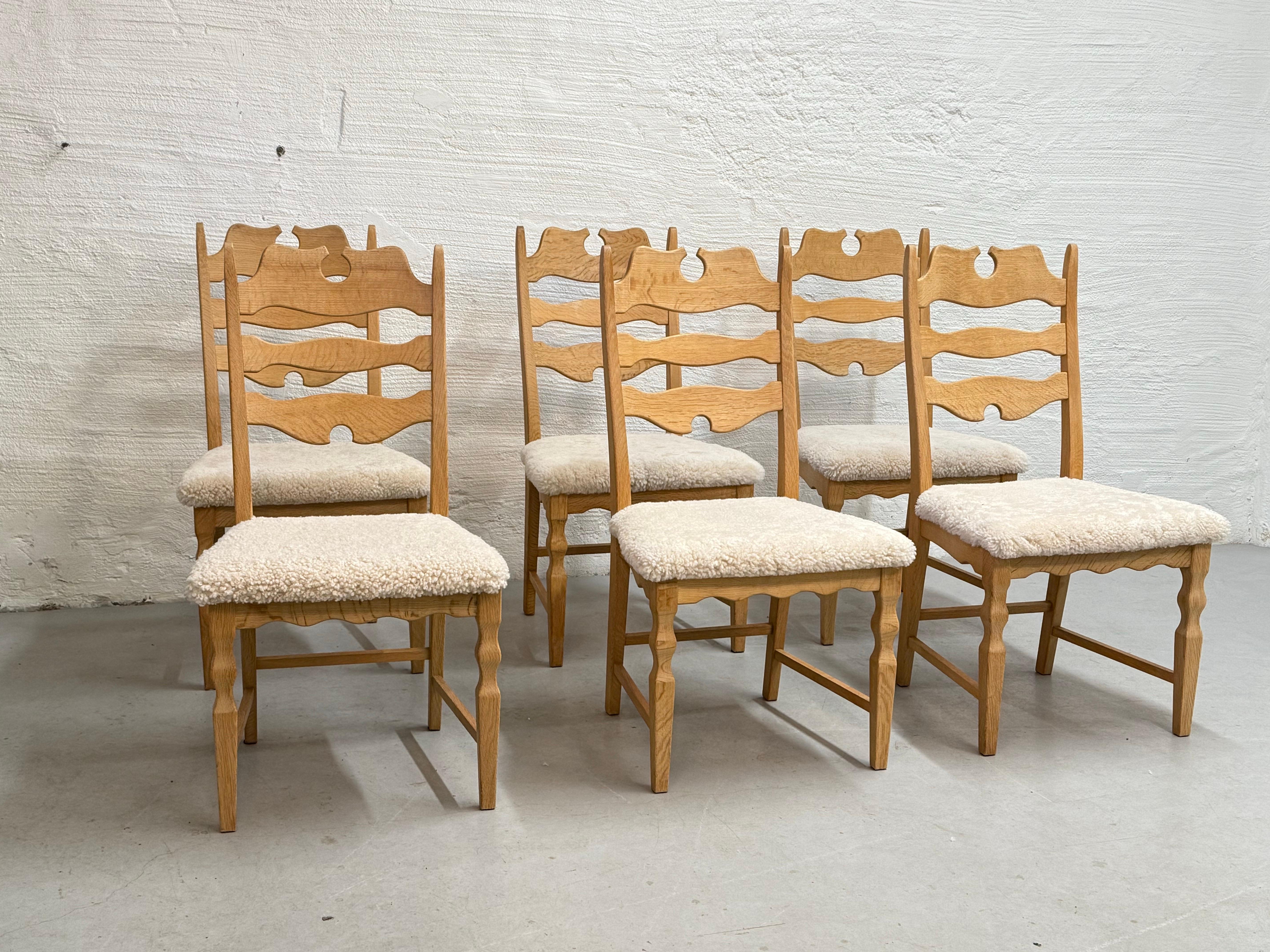 Mid-Century Modern Vintage Henning Kjærnulf Oak and Sheepskin Dining Chairs, Denmark 1970