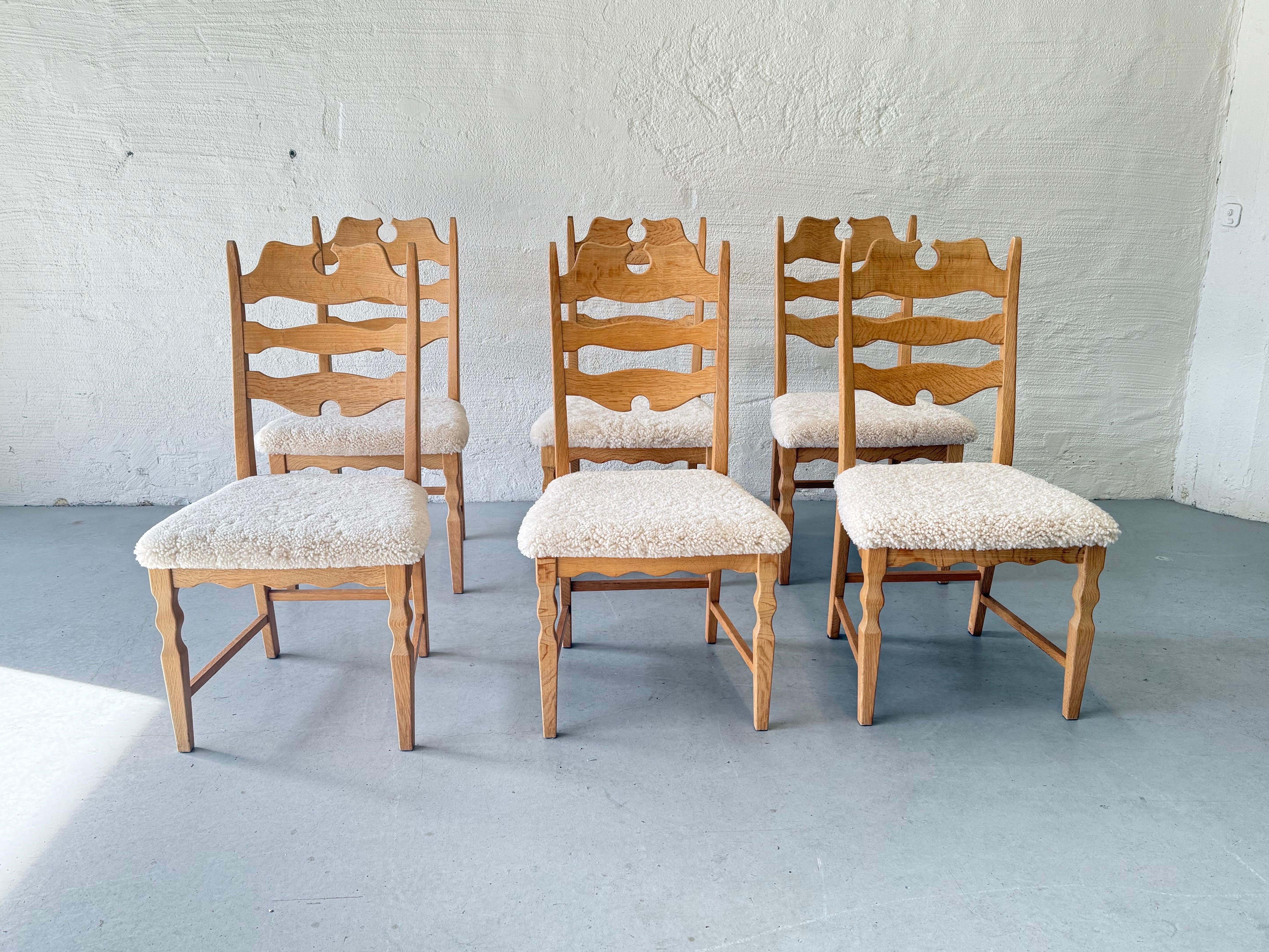 Mid-Century Modern Vintage Henning Kjærnulf Oak and Sheepskin Dining Chairs, Denmark 1970