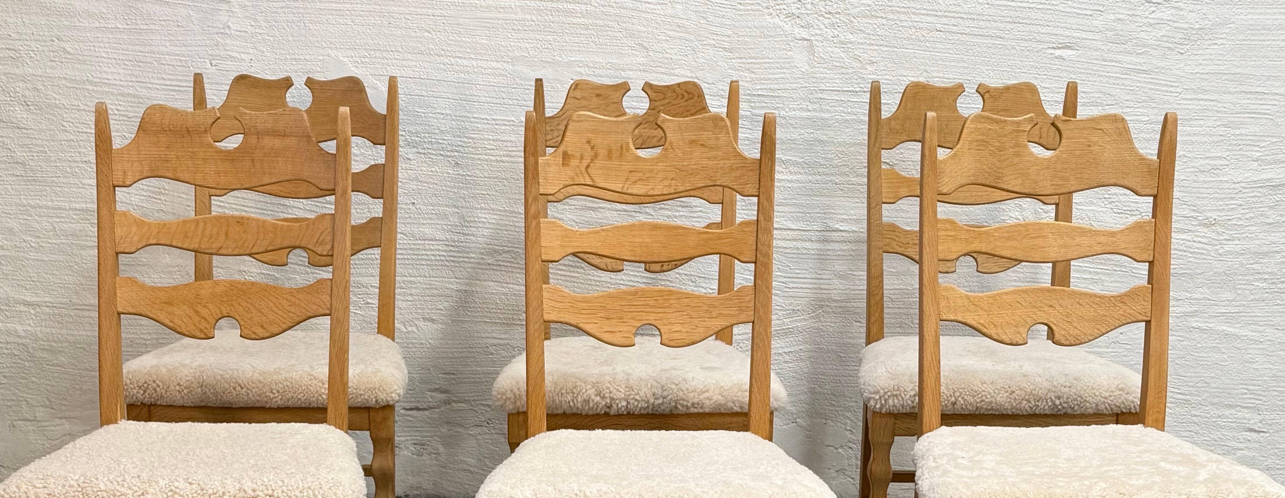 Woven Vintage Henning Kjærnulf Oak and Sheepskin Dining Chairs, Denmark 1970