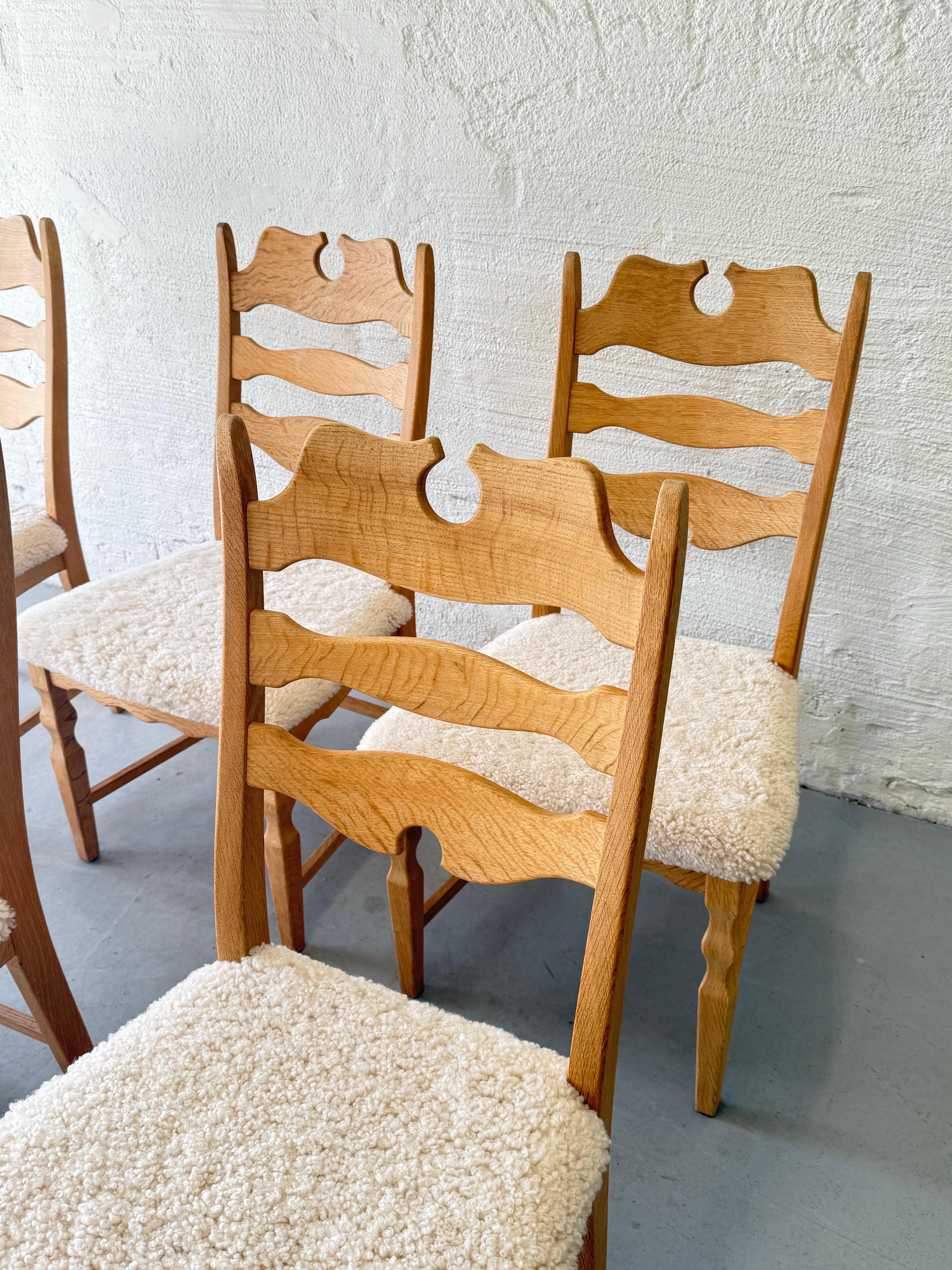 Woven Vintage Henning Kjærnulf Oak and Sheepskin Dining Chairs, Denmark 1970