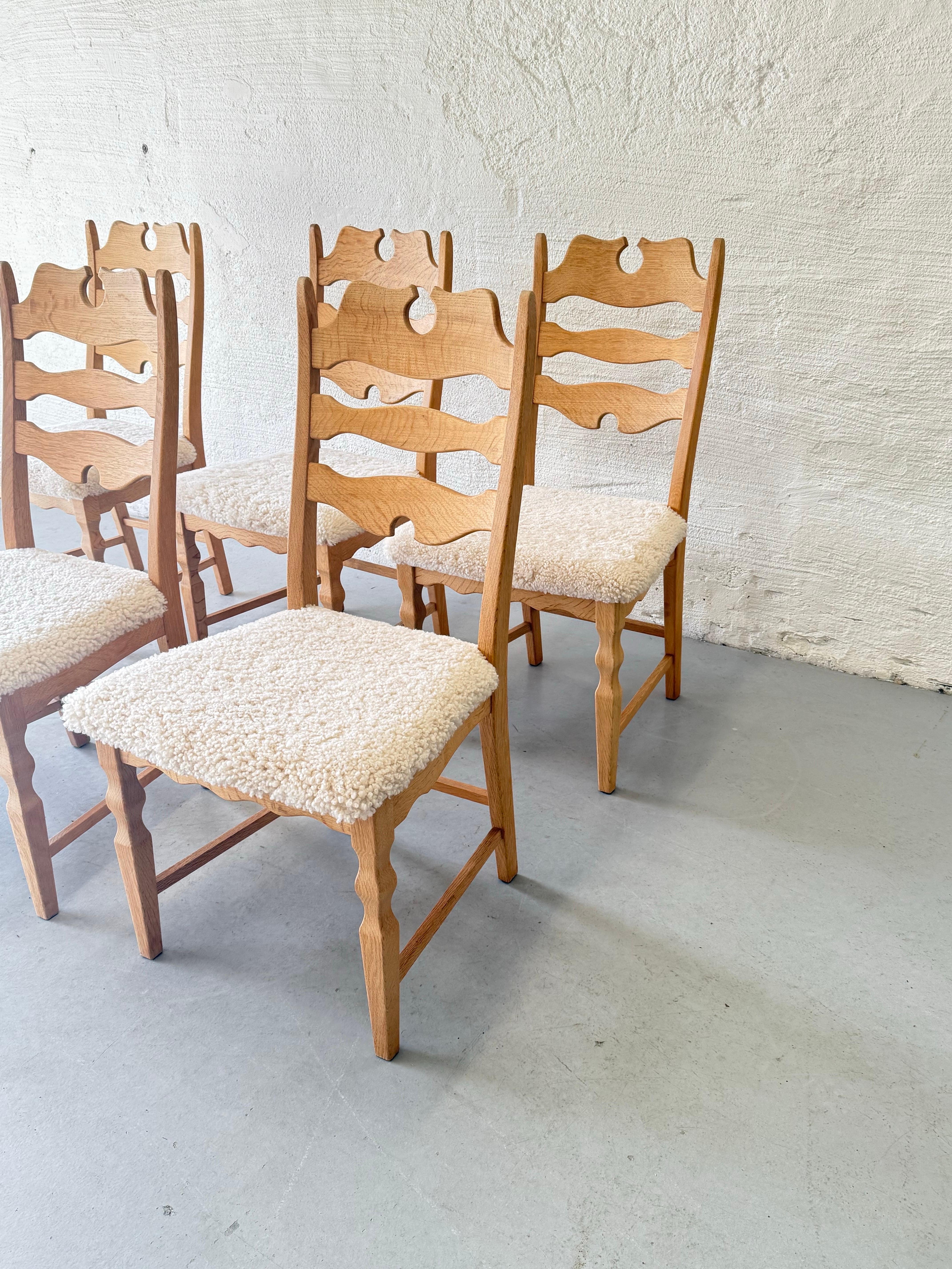 20th Century Vintage Henning Kjærnulf Oak and Sheepskin Dining Chairs, Denmark 1970