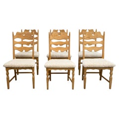 Vintage Henning Kjærnulf Oak and Sheepskin Dining Chairs, Denmark 1970