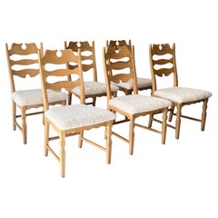 Vintage Henning Kjærnulf Oak and Sheepskin Dining Chairs, Denmark 1970